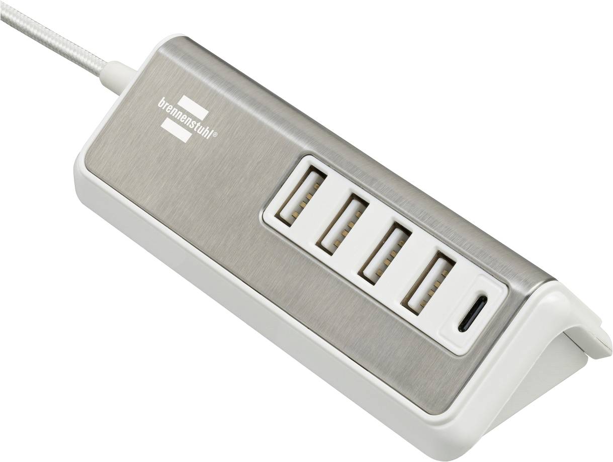 Bande d'alimentation en métal brossé avec quatre ports USB et un port USB-C, connectée par un câble blanc.