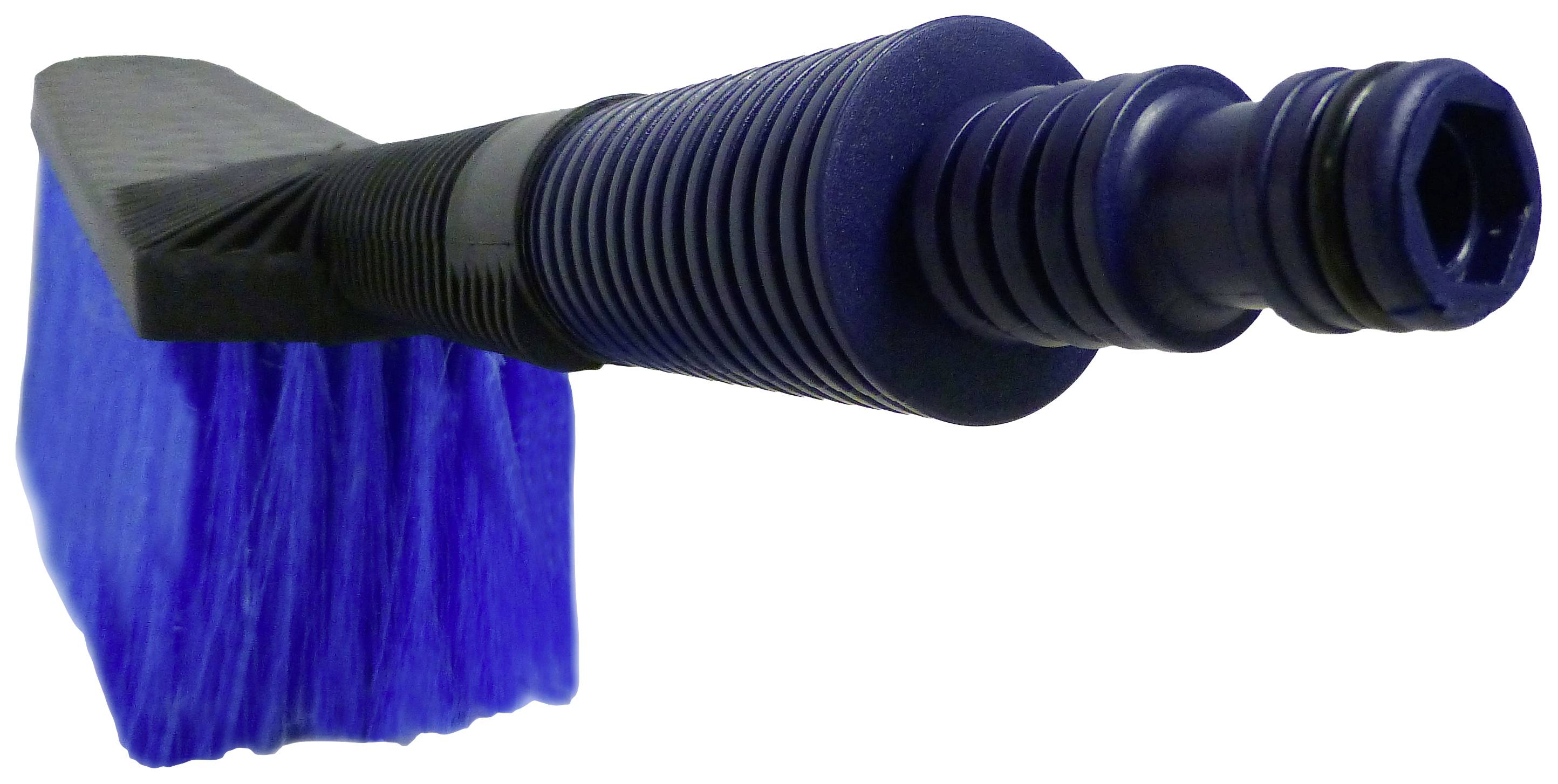 Balai-brosse en caoutchouc bleu avec un manche long et flexible, pourvu de poils en plastique à un angle vertical. Adapté pour les tâches de nettoyage.
