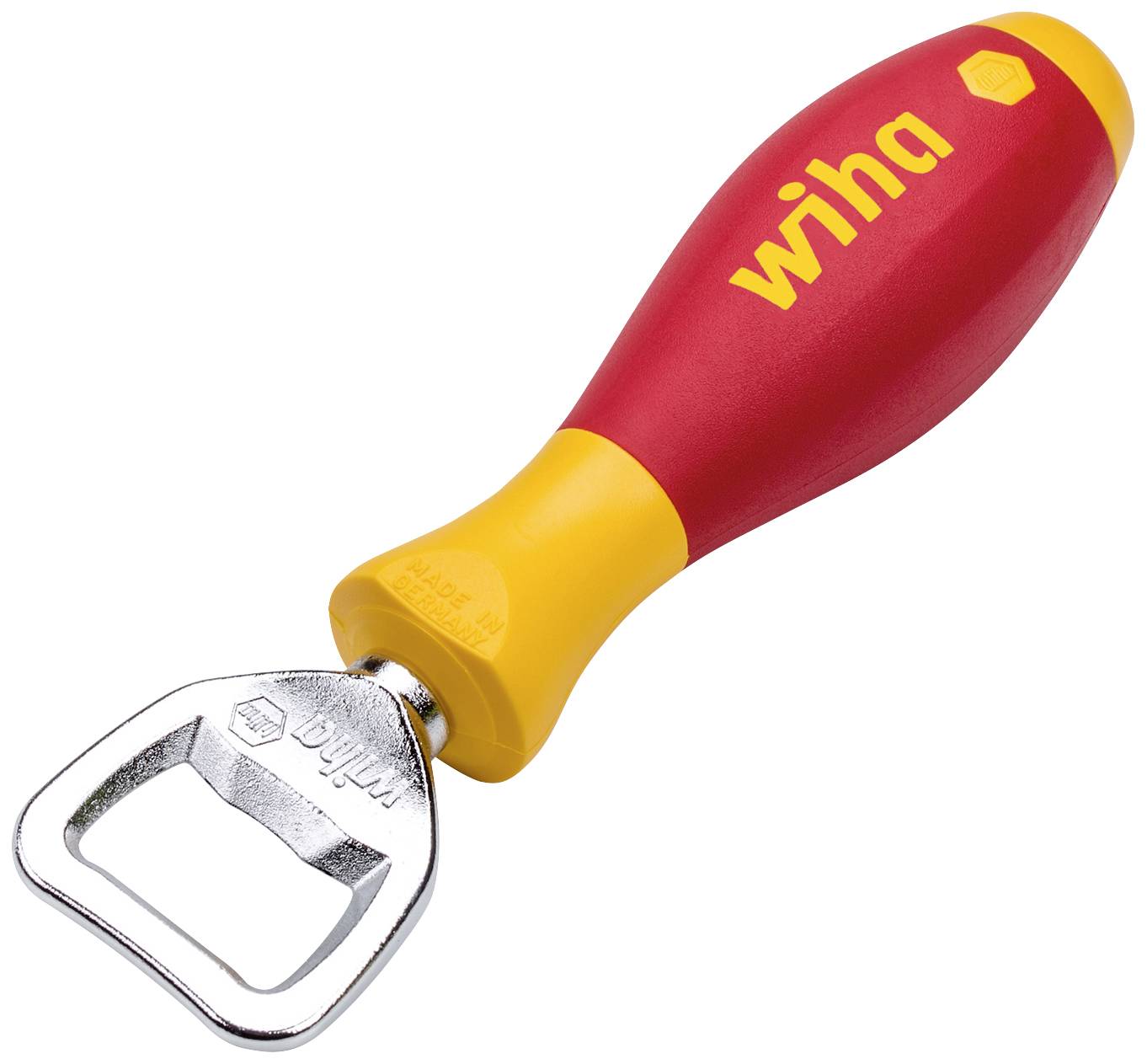 Ouvre-bouteille avec une poignée rouge et jaune, portant le nom de marque 'wiha' imprimé dessus.