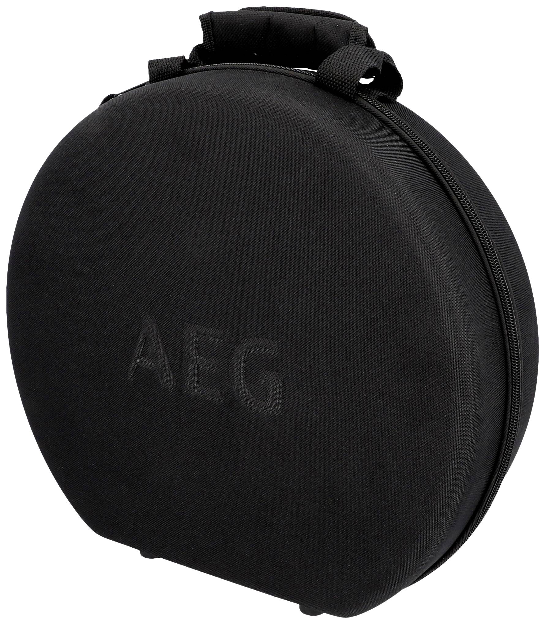 Valise de transport AEG noire, ronde, avec fermeture éclair et poignée de transport, adaptée aux outils ou aux appareils électriques.