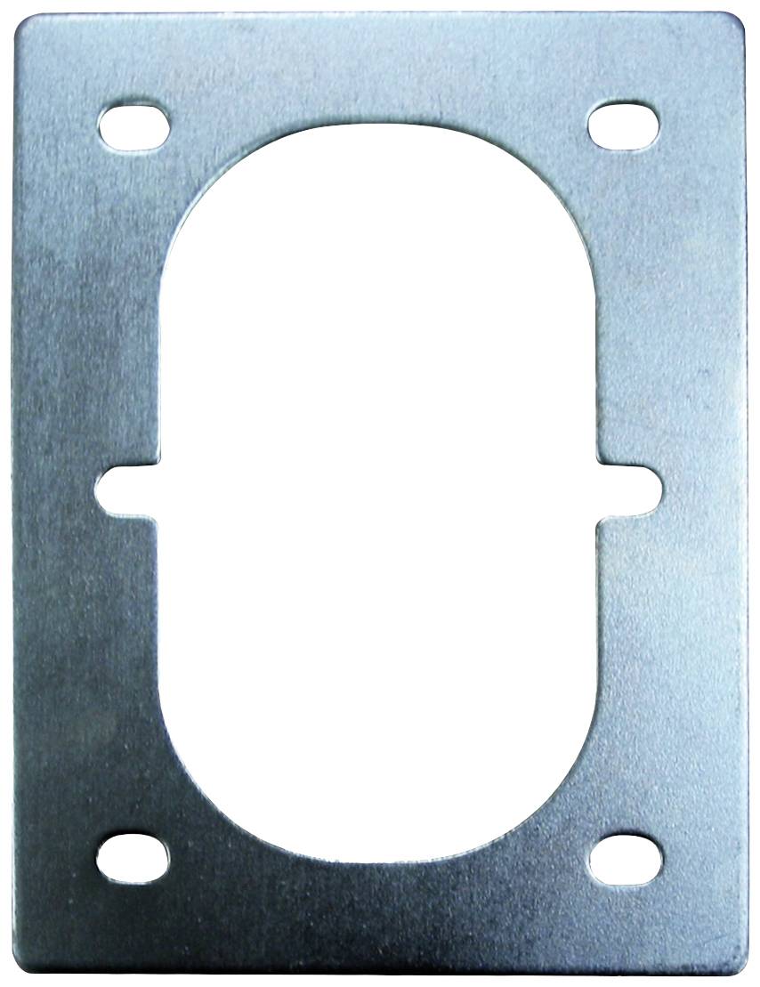 Plaque rectangulaire en métal avec une découpe ovale au centre et quatre coins. Elle comporte un total de six trous pour vis de fixation.