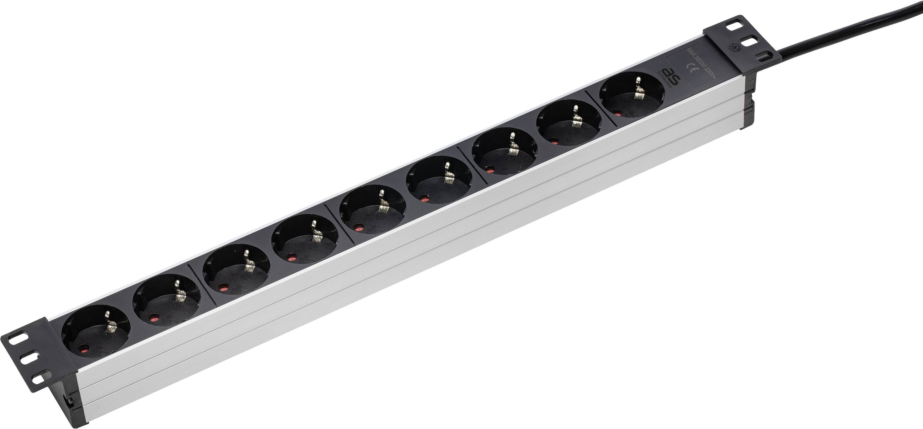Une multiprise avec huit emplacements et un câble noir. Idéale pour alimenter simultanément plusieurs appareils.