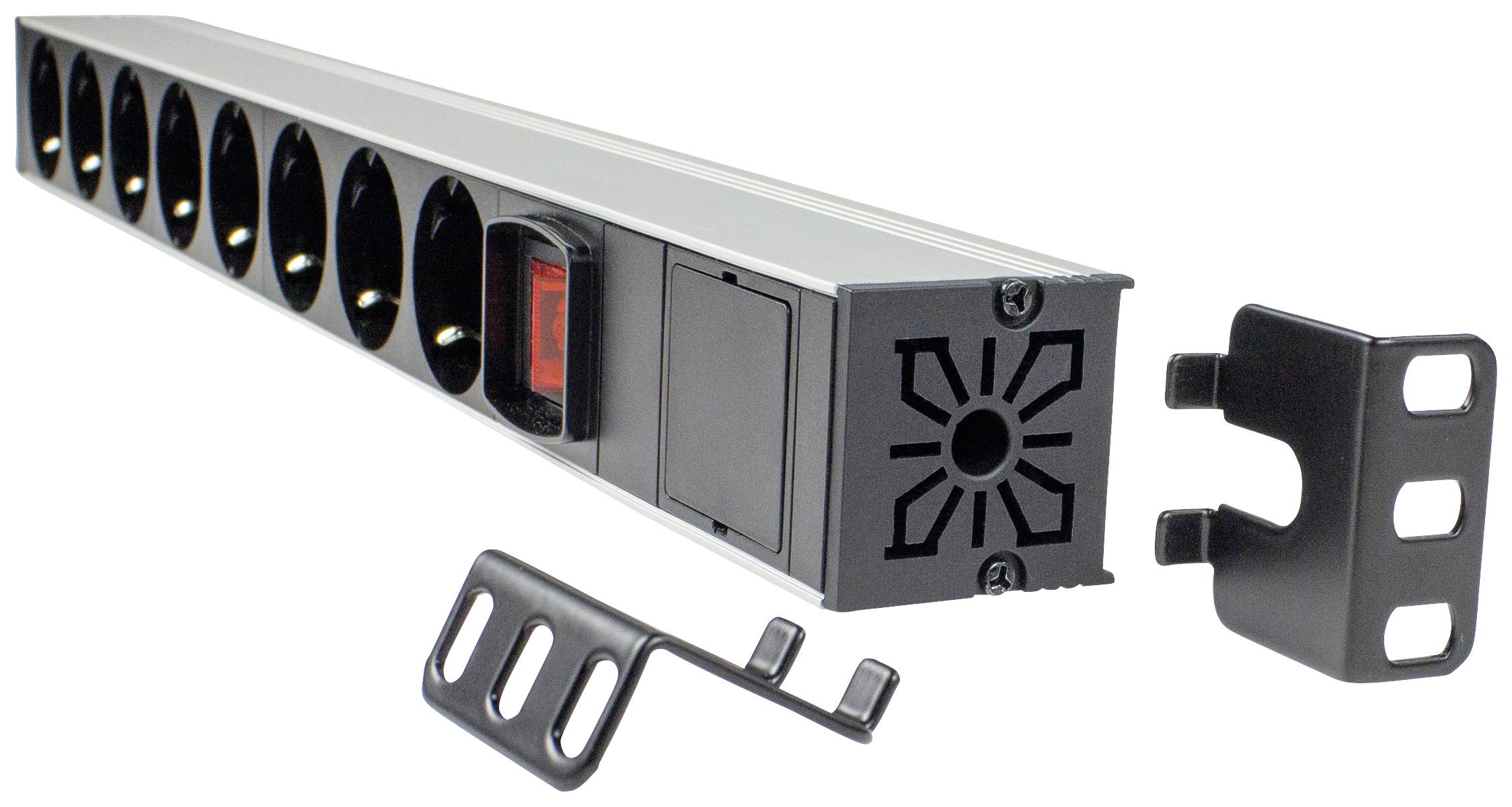 Une multiprise avec neuf prises électriques et un interrupteur rouge. Deux supports de montage sont posés à côté.