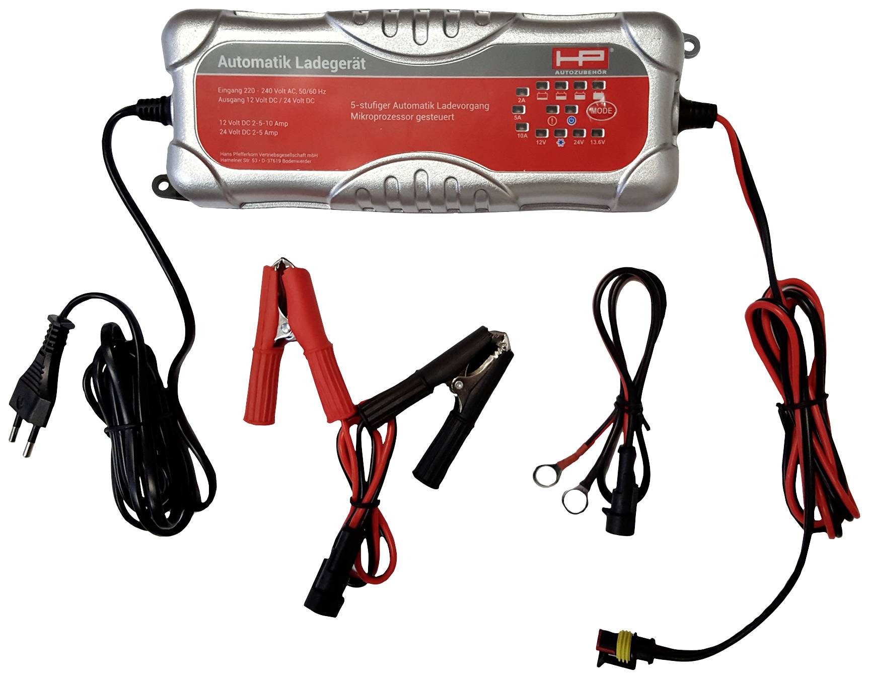 Chargeur automatique avec différents types de câbles et de pinces, adapté pour charger les batteries de véhicules.