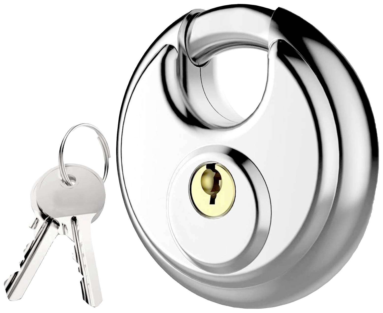 Un cadenas rond en argent avec deux clés à côté ; symbole de sécurité et de protection.