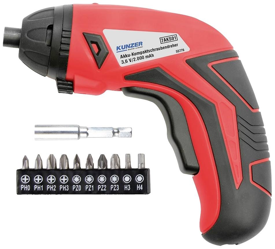 Un tournevis sans fil rouge avec plusieurs embouts interchangeables de différentes formes et tailles, y compris un support de rangement.