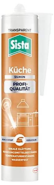 Un tube de mastic silicone 'Sista Küche Silikon' pour utilisation en cuisine, présentant des mentions telles que 'Qualité professionnelle', 'transparent' et 'étanche'.
