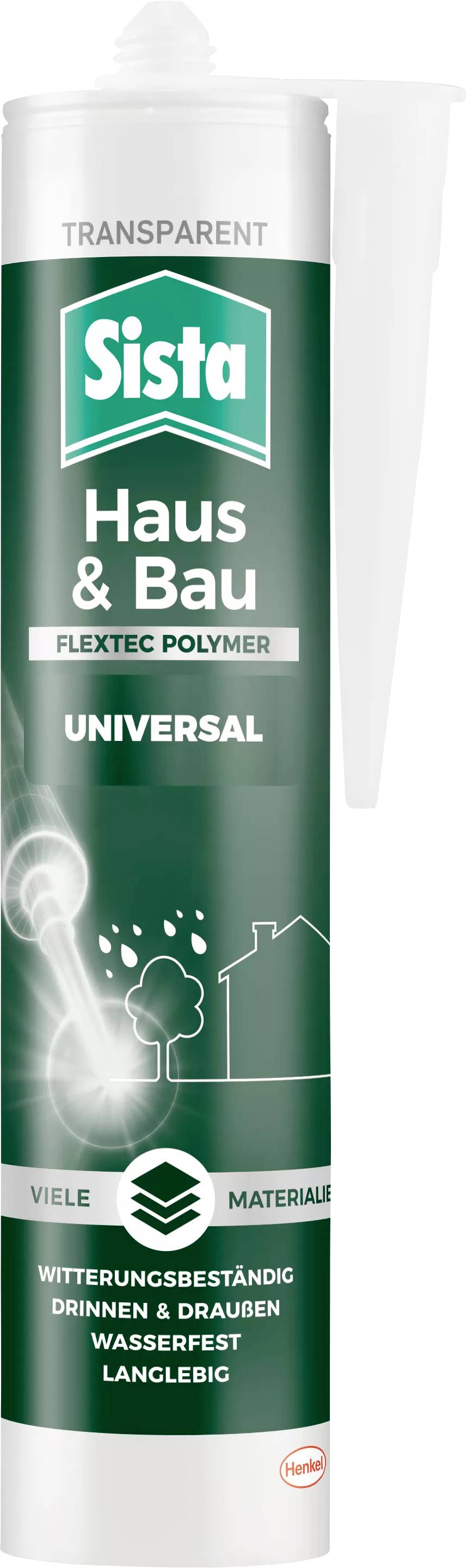 Cartouche 'Sista Haus & Bau Universal' en vert, contenant un mastic d'étanchéité polymère Flextec transparent. Pour matériaux variés, résistant aux intempéries.