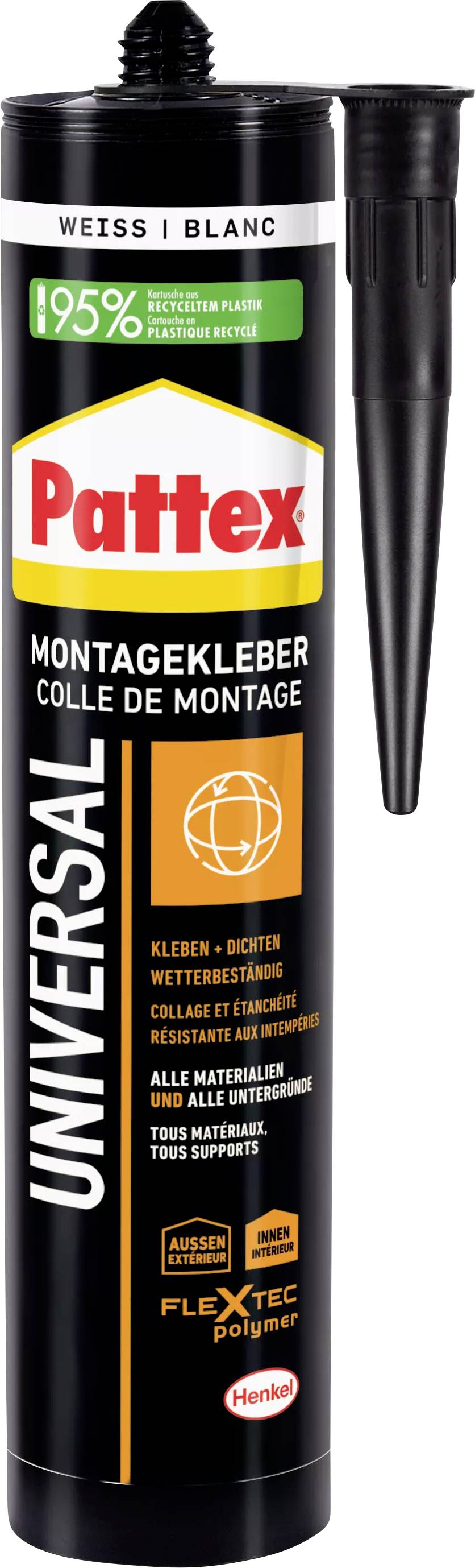 Cartouche de colle de montage en emballage noir, marque 'Pattex', 95% de plastique recyclé. Convient à divers matériaux.
