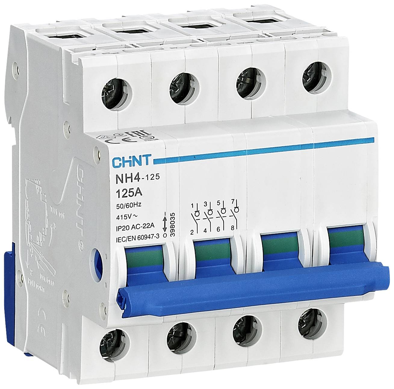 Un disjoncteur NH4 de CHINT, adapté pour 125A et 415V, affiche ses spécifications techniques et ses connexions sur la face avant.