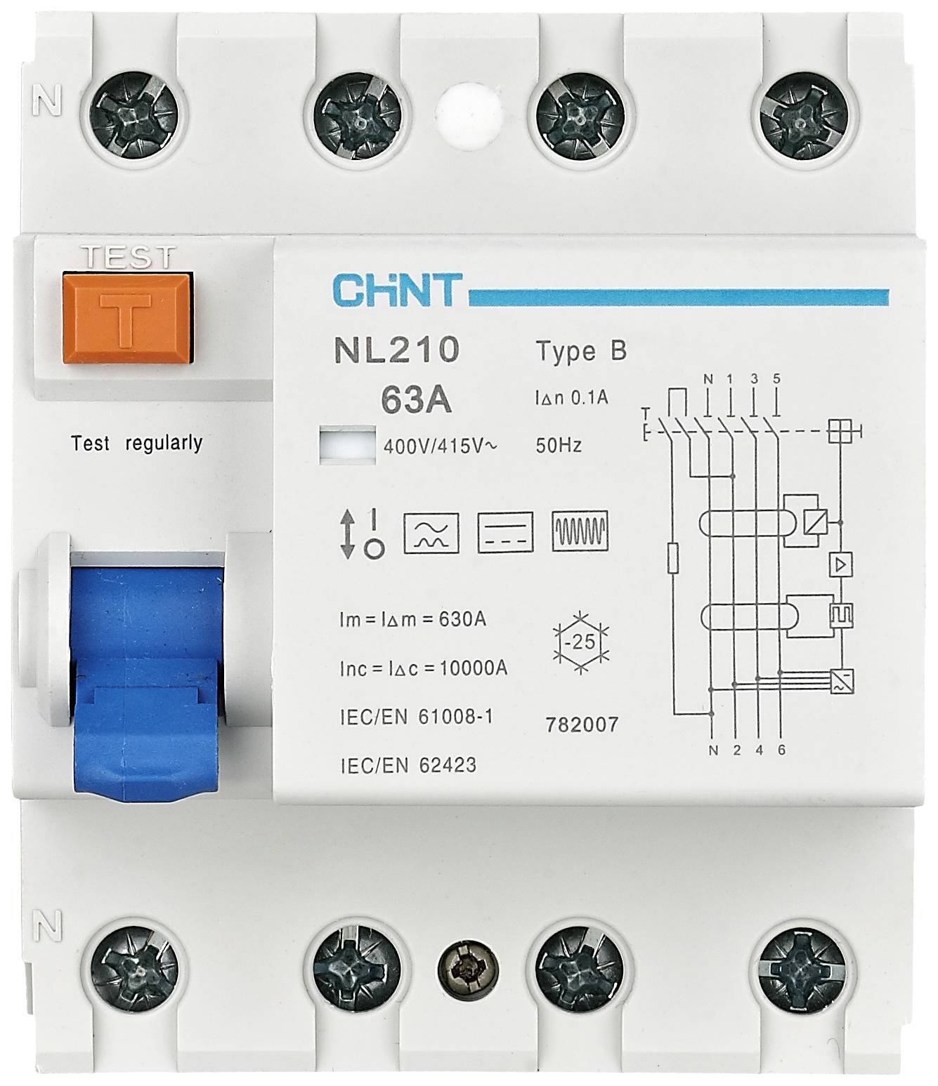 Chint 782008 NL210 3PN 25A 300mA B 10kA Interrupteur différentiel B/10 kA 3 pôles 25 A 0.3 A 415 V