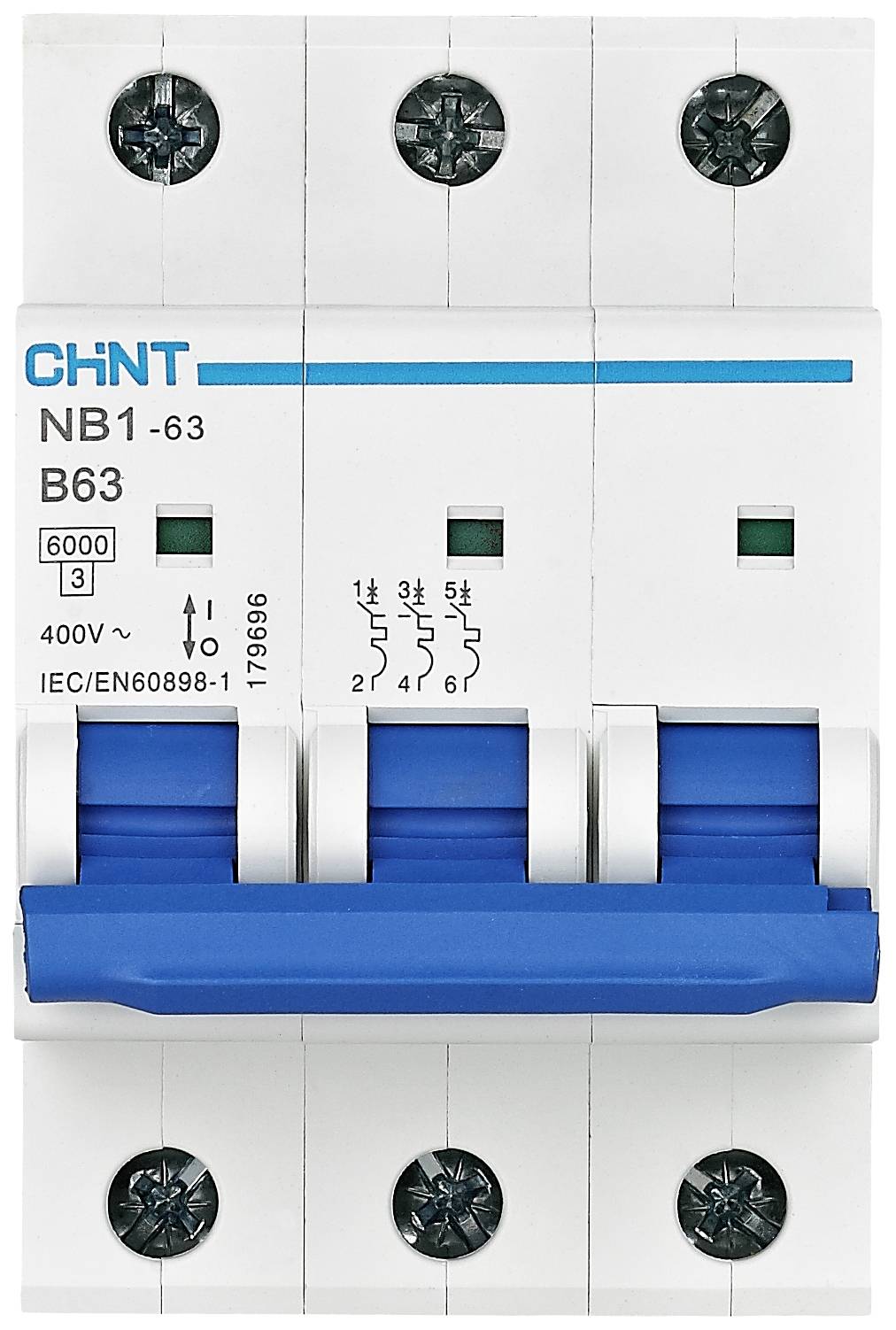 Un disjoncteur triphasé de Chint, modèle B63, avec un interrupteur à bascule bleu, conçu pour 400 V et 63 A.