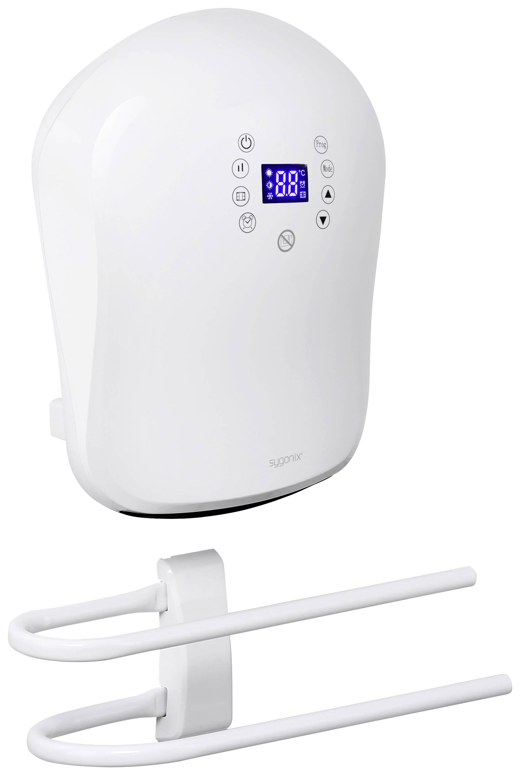 Radiateur mural blanc avec affichage LED et touches pour le réglage de la température. En dessous, un porte-serviettes pratique en forme de U.