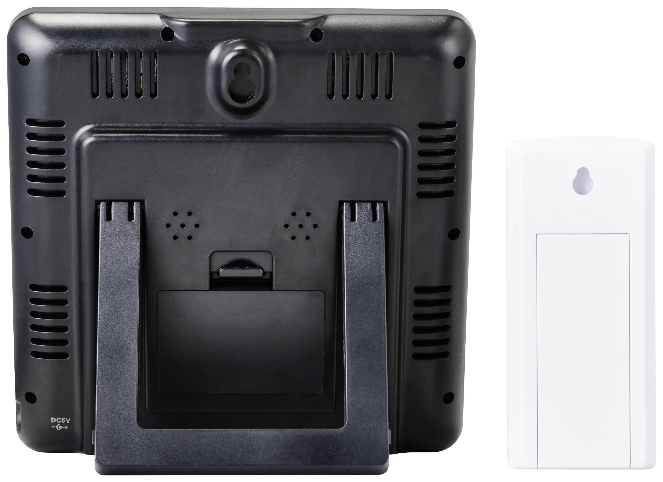 Vue arrière d'un cadre photo numérique noir avec support, à côté d'un appareil rectangulaire blanc. Les deux objets sont sur un fond blanc.