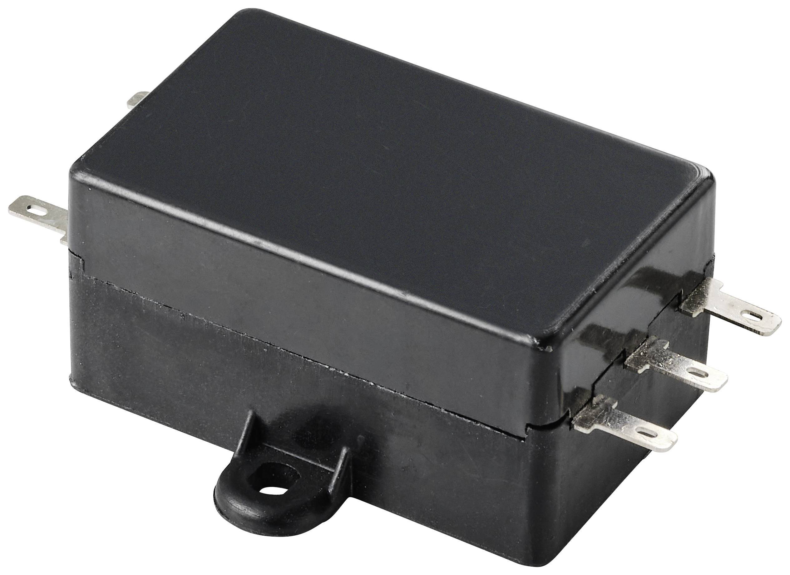 Un relais rectangulaire noir avec cinq broches métalliques sur les côtés, utilisé dans les circuits électroniques pour contrôler le flux de courant.