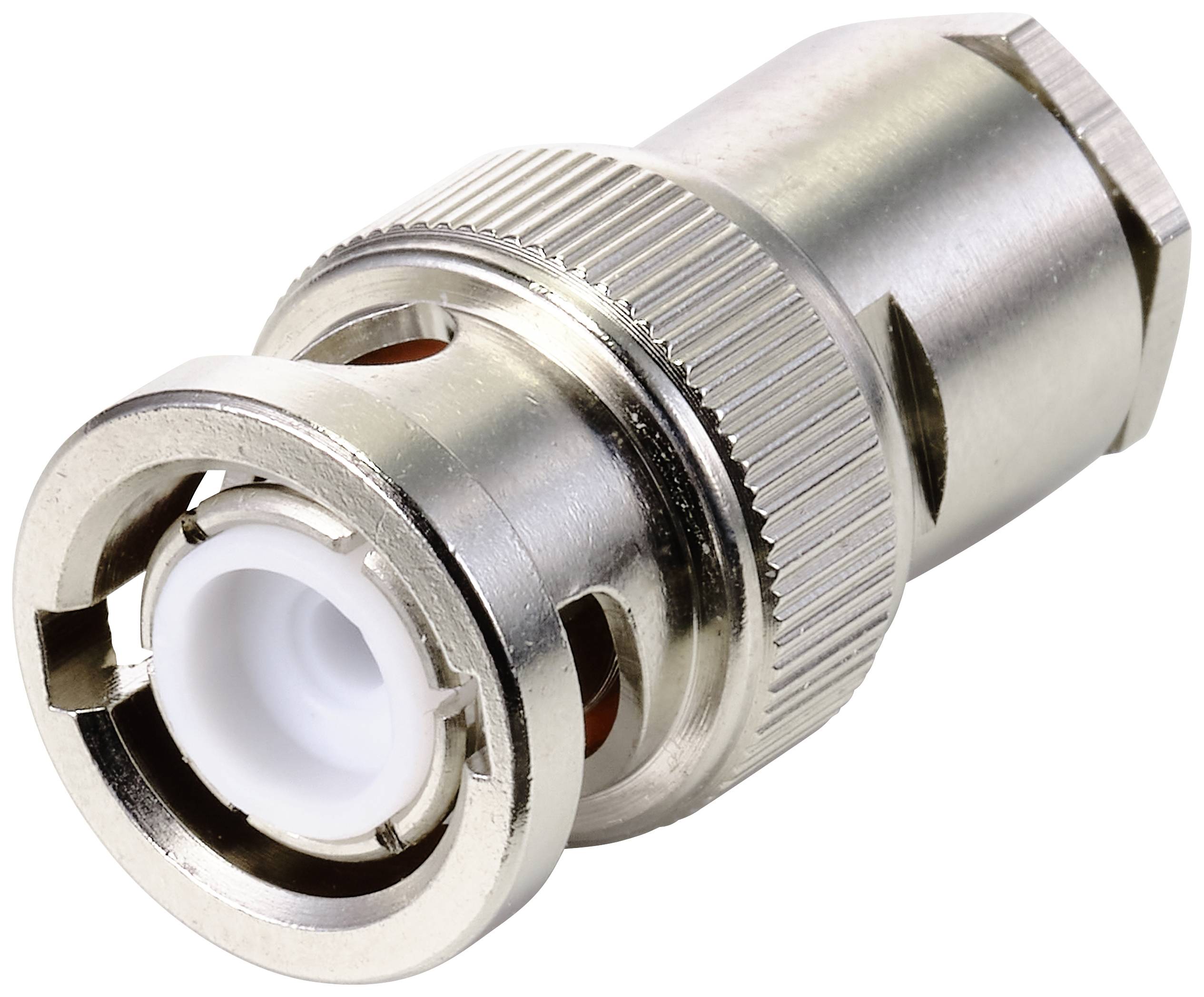 Un connecteur coaxial argenté pour relier des câbles dans des applications techniques. Il est de forme cylindrique avec un bord cannelé.