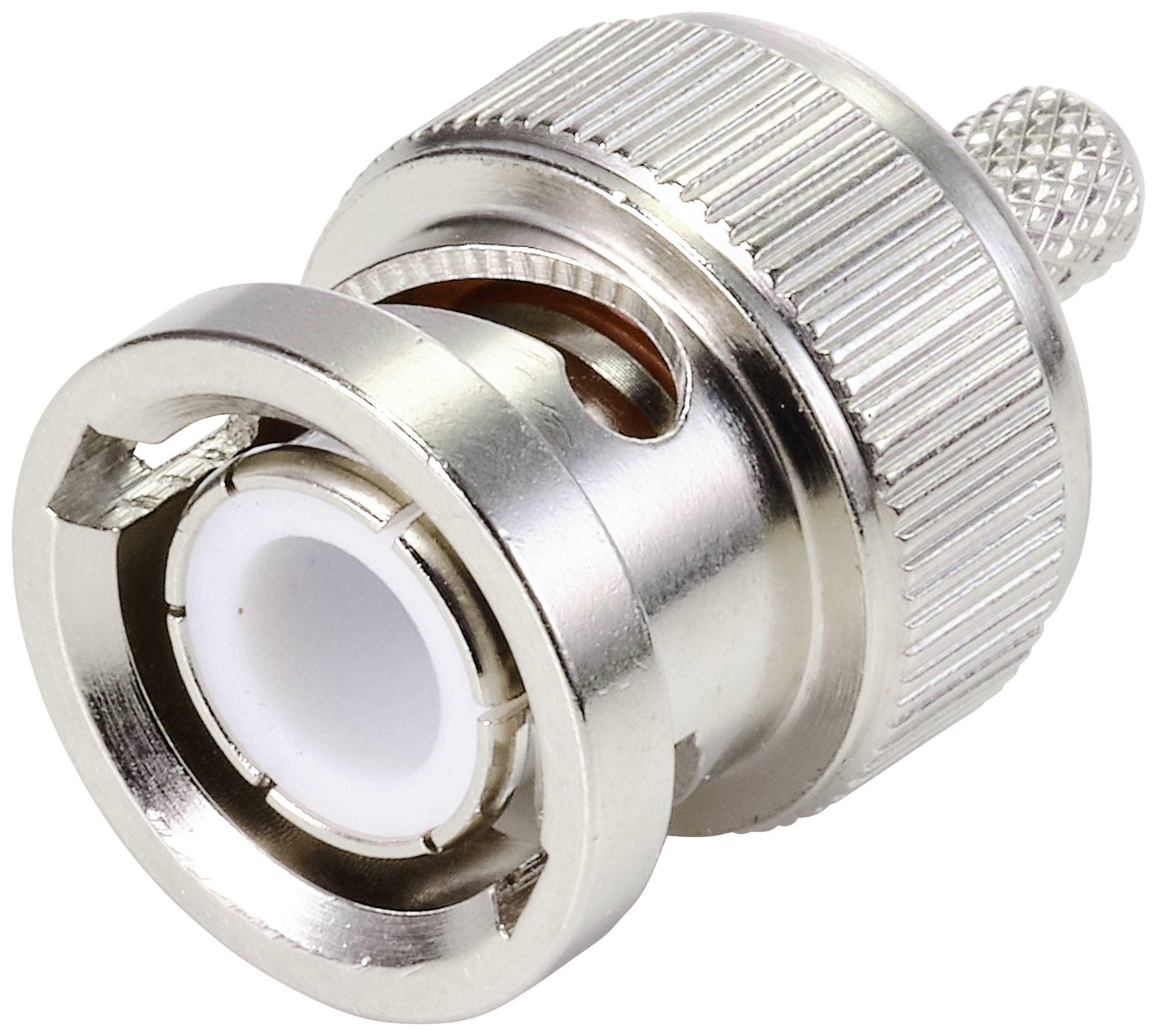 Un connecteur coaxial argenté à surface striée et isolant blanc, adapté pour les câbles de connexion dans les appareils électroniques.