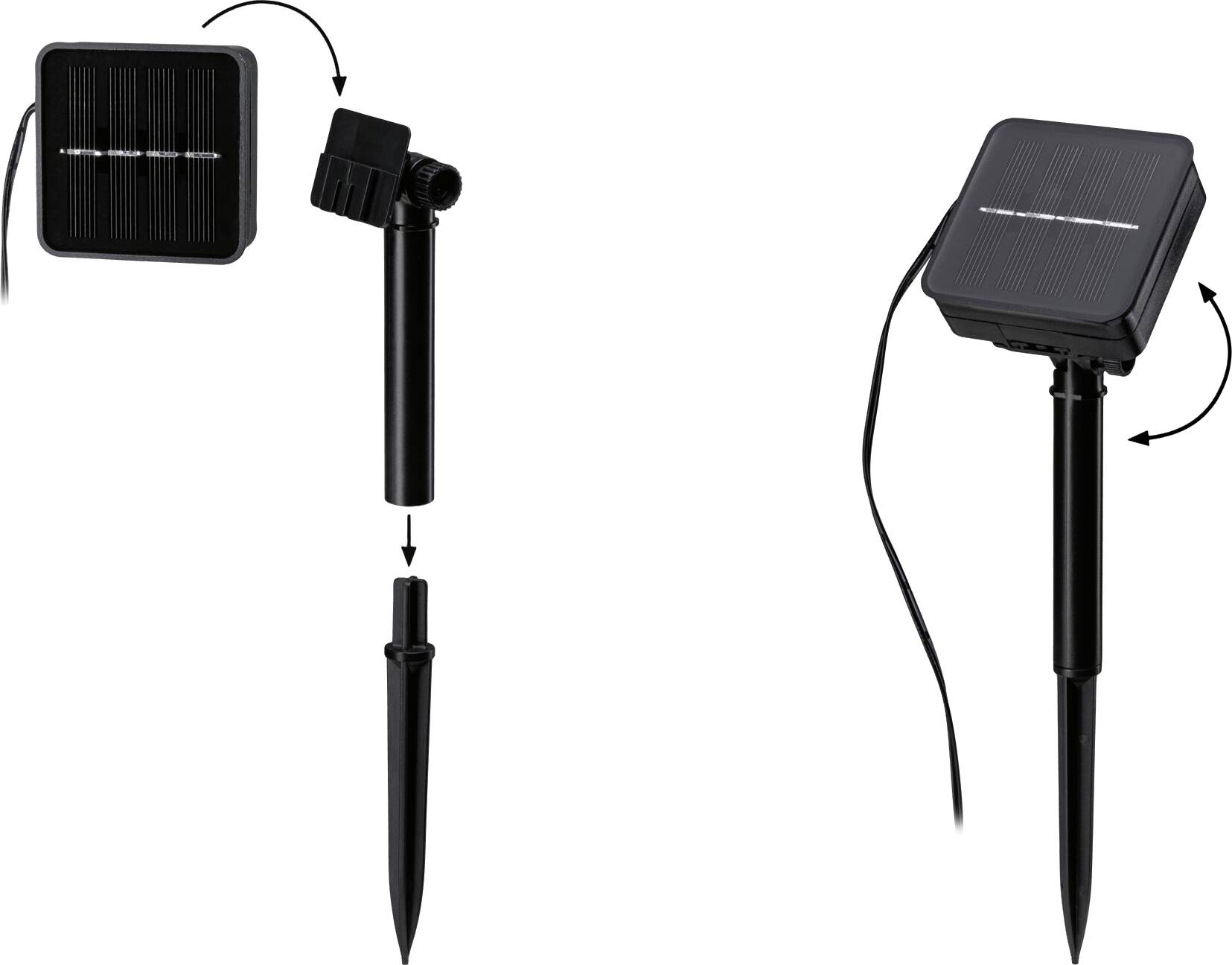 Deux lampes solaires noires avec piquet de terre. À gauche, un montage en trois étapes, à droite une lampe complète avec panneau solaire ajustable.