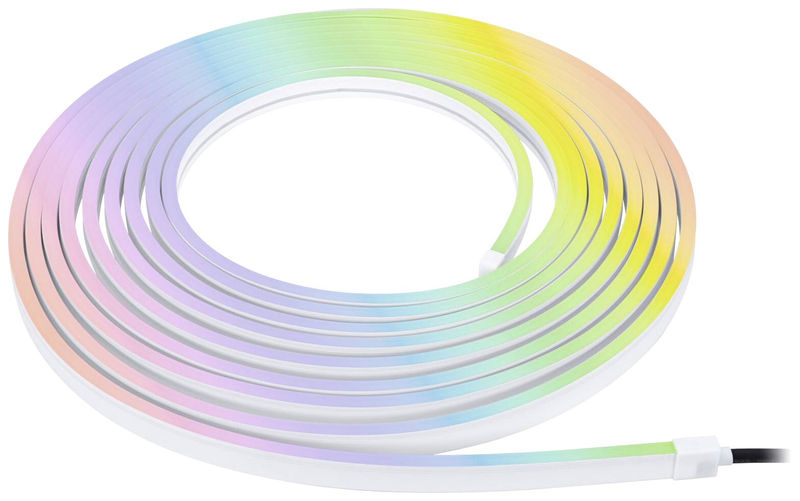 Bande de LED RVB montrant un ruban lumineux LED enroulé avec des dégradés de couleurs en blanc, bleu, vert, jaune et rose.