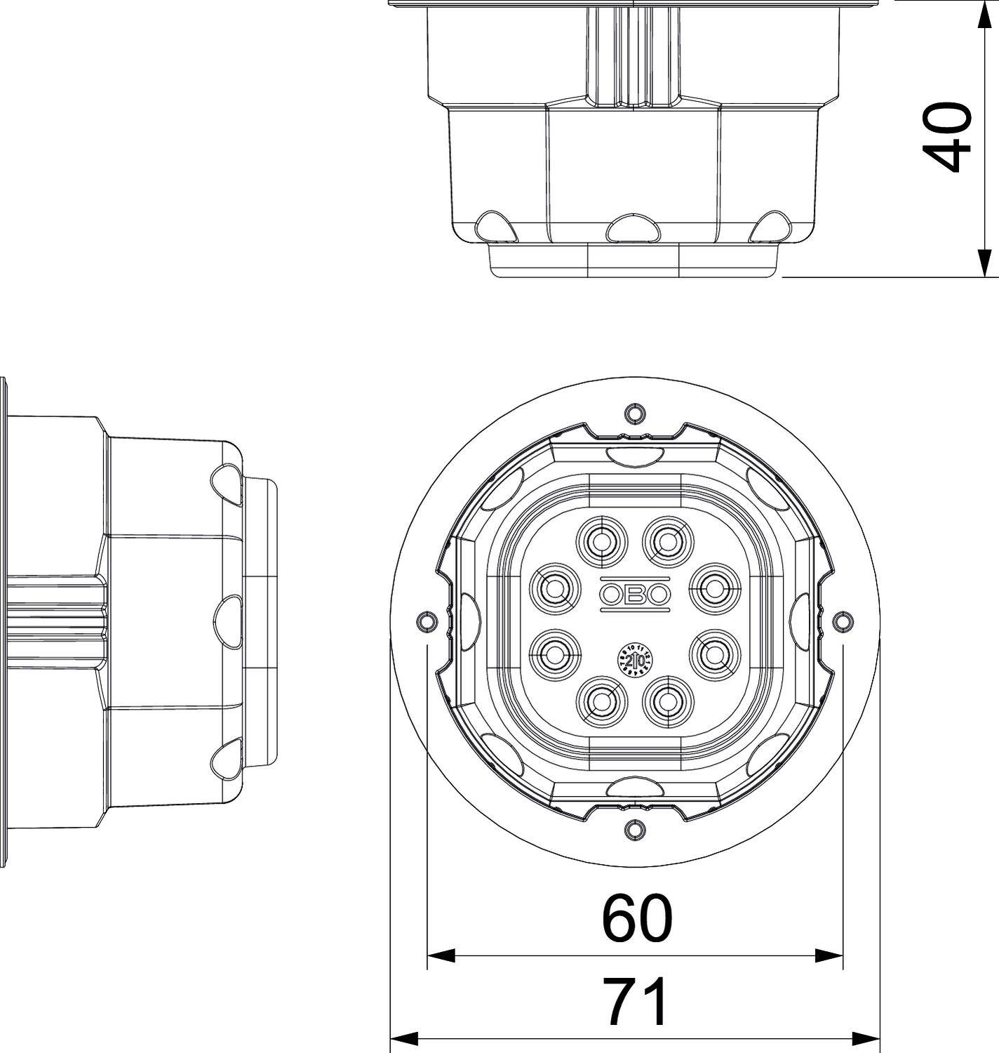 Dessin technique d'une prise ronde avec dimensions précises : profondeur de 40 mm, diamètres de 60 mm et 71 mm. Application industrielle.