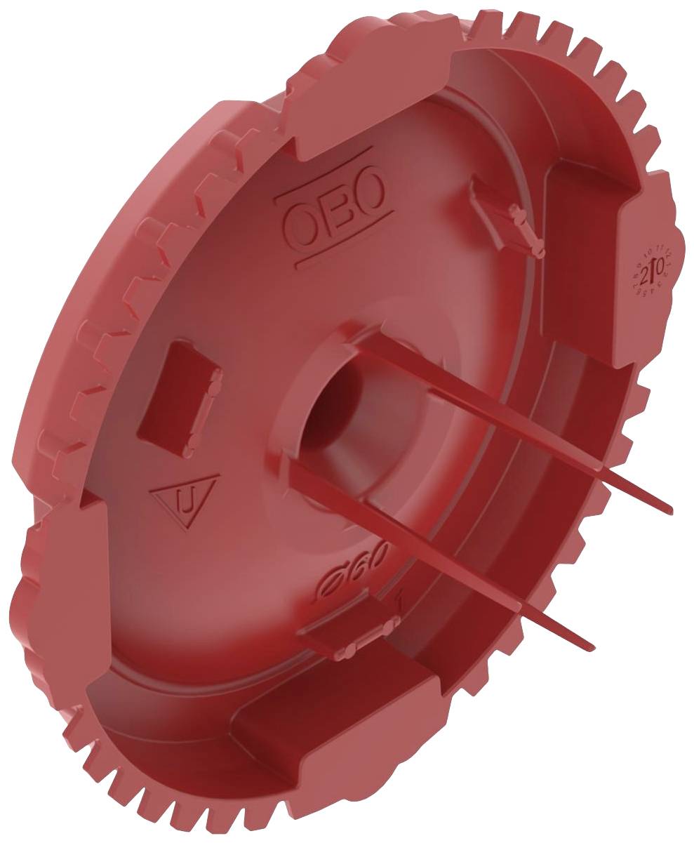 Boîte de dérivation en plastique rouge avec plusieurs fentes de fixation, de forme circulaire et à bord dentelé, utilisée pour les installations électriques.