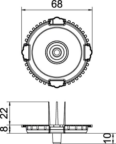 Dessin technique d'une pièce métallique ronde avec un diamètre de 68 mm et une hauteur de 22 mm. Présente une vue de dessus et une vue latérale.