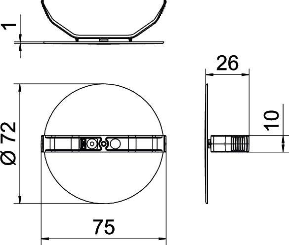 Dessin technique d'un bouton mural rond : Vue de dessus montrant 75 mm de largeur et 72 mm de diamètre. Coupe latérale montrant 26 mm de longueur et 10 mm de fixation.