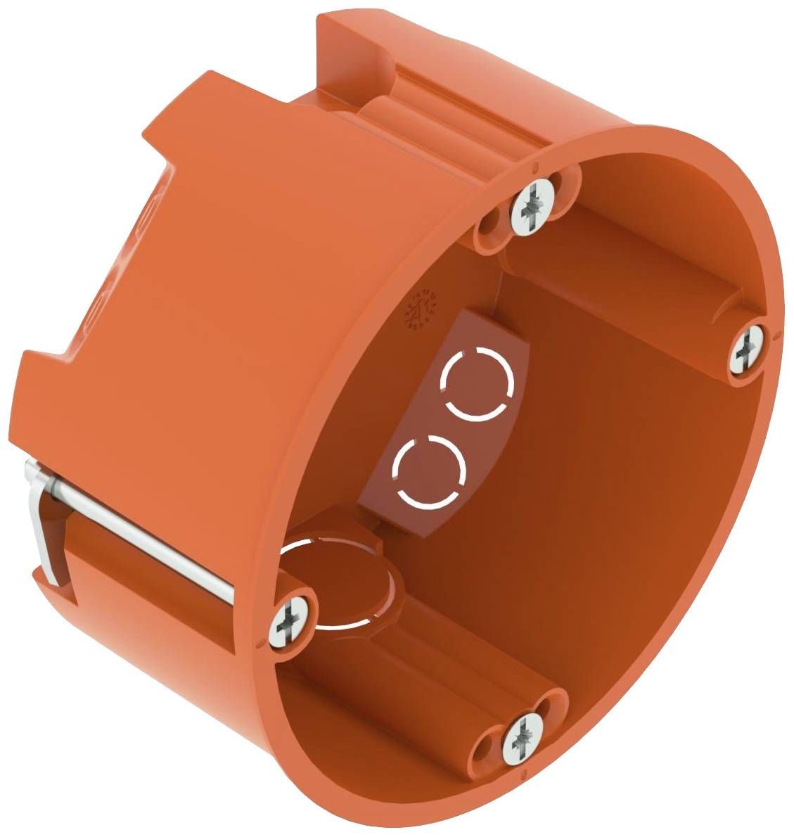 Boîte ronde en plastique orange avec plusieurs points de fixation, adaptée pour l'installation électrique dans les murs. Comprend quatre ouvertures de montage.