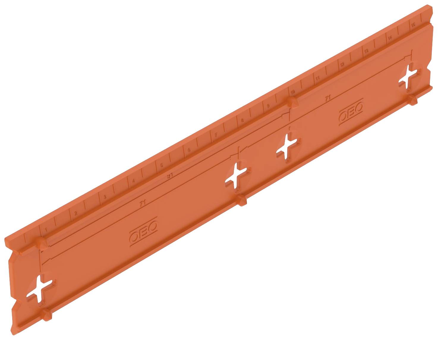 Entretoise en plastique orange avec échelle et plusieurs trous pouvant être utilisés pour l'installation ou le montage.