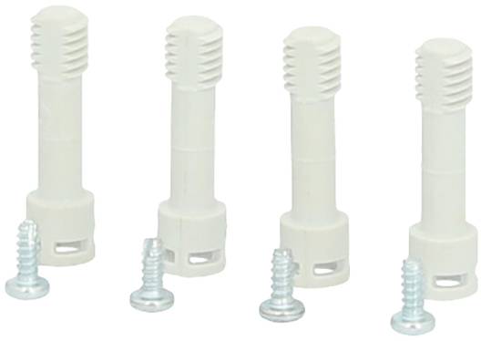 Quatre chevilles en plastique blanc avec des vis, alignées en rang. Elles sont destinées à la fixation d'objets.
