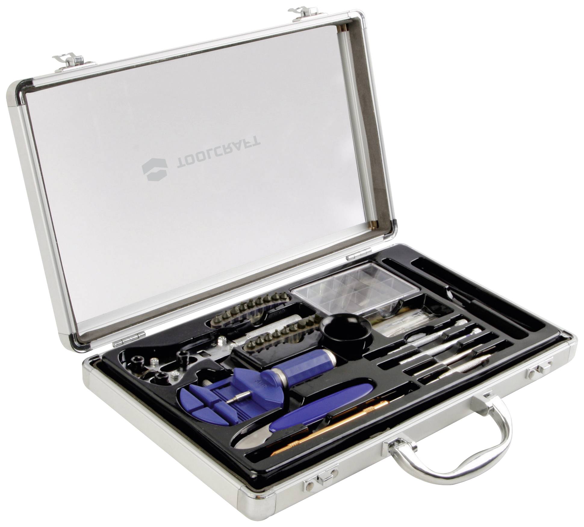 Un coffret à outils argenté au couvercle ouvert présente divers outils précisément disposés tels que des tournevis et des pinces.