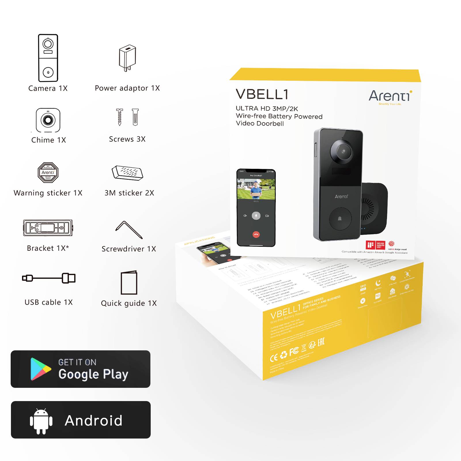 Arenti VBELL1 Interphone vidéo Wi-Fi Set complet
