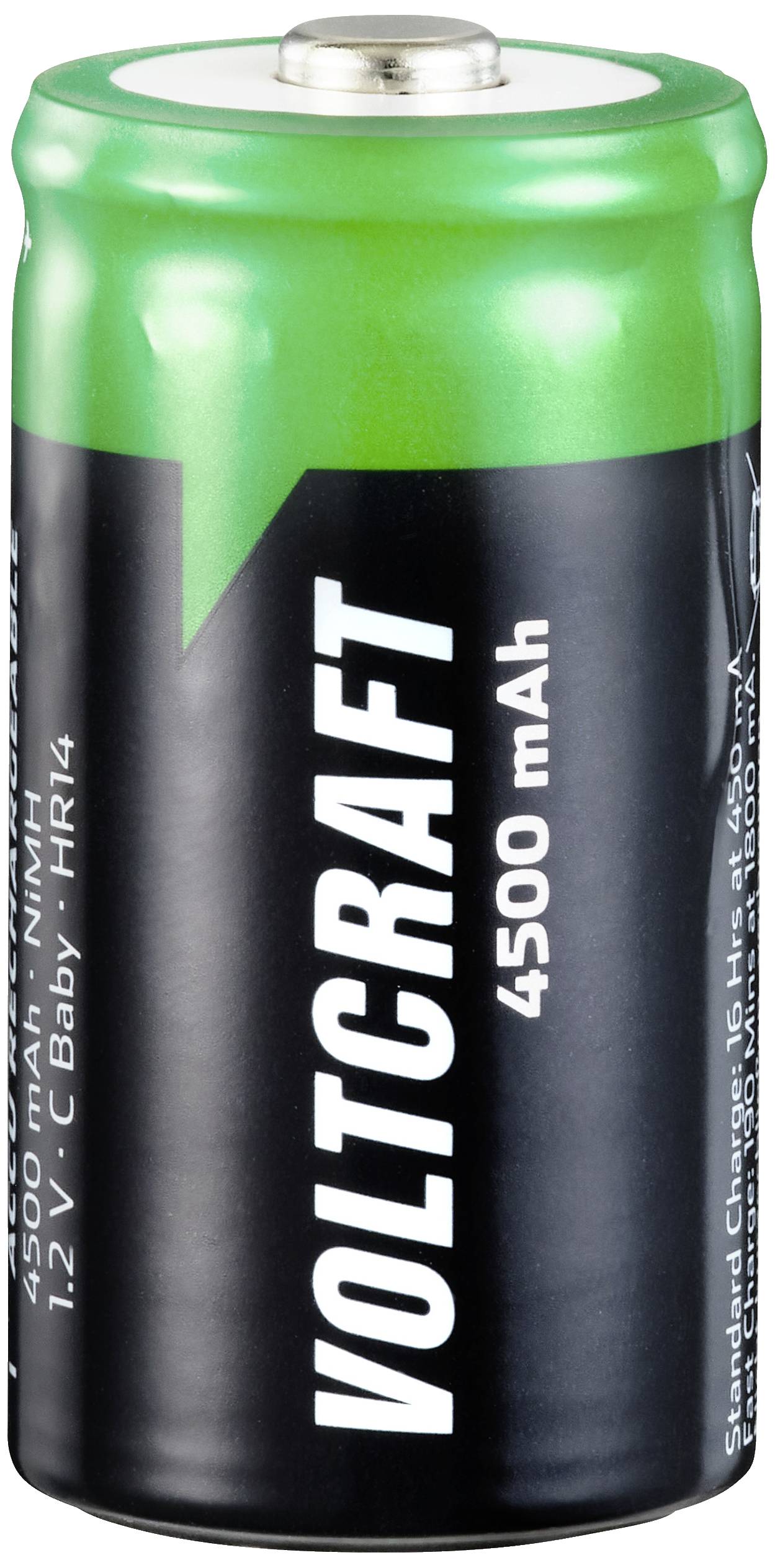 Batterie verte sur le dessus avec un boîtier noir, portant l'inscription 'Voltcraft 4500 mAh', format C Baby 1,2 V.