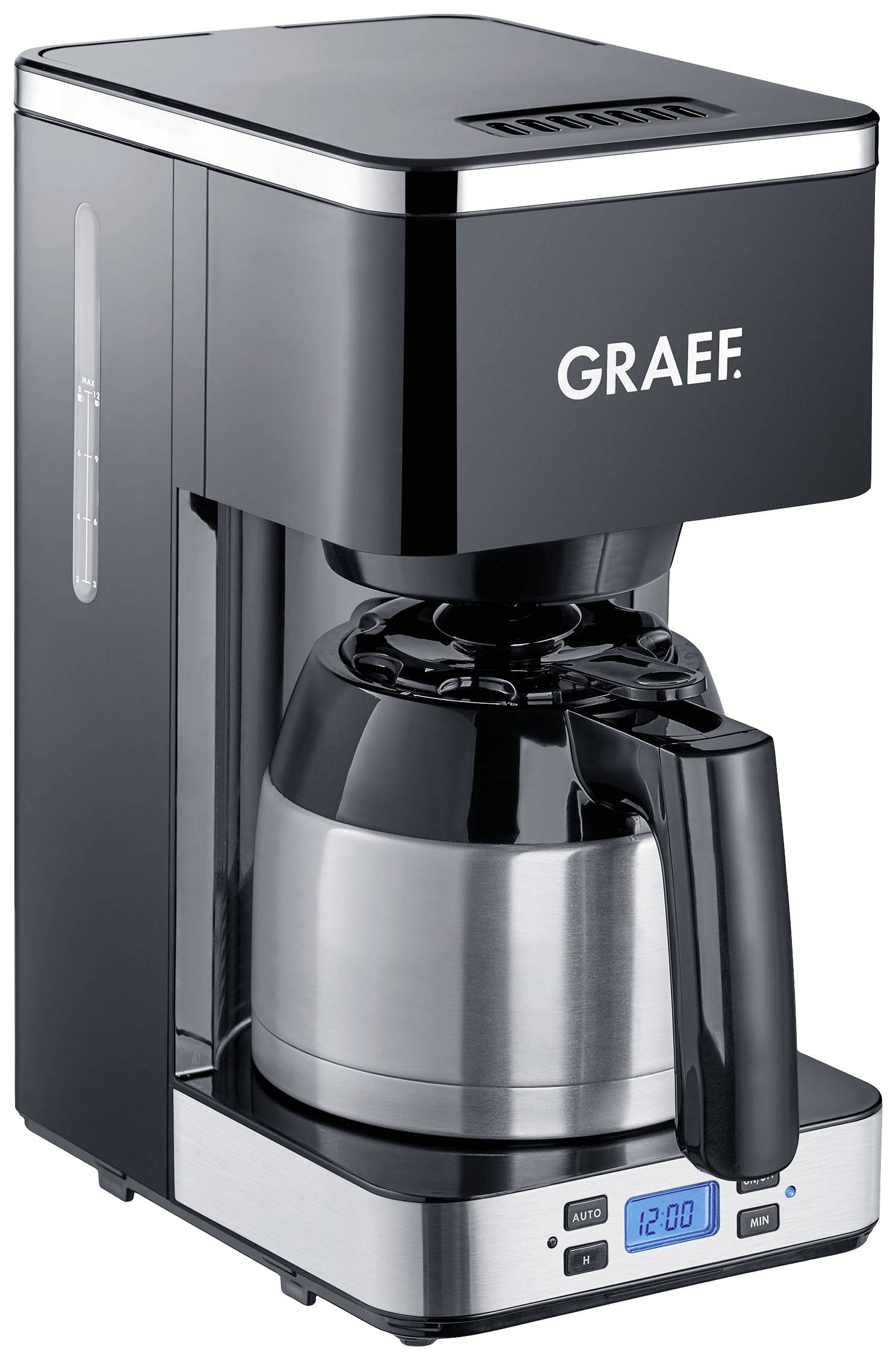 Une machine à café filtre noire avec carafe isotherme et affichage numérique. La marque 'Graef' est visible sur l'avant de l'appareil.
