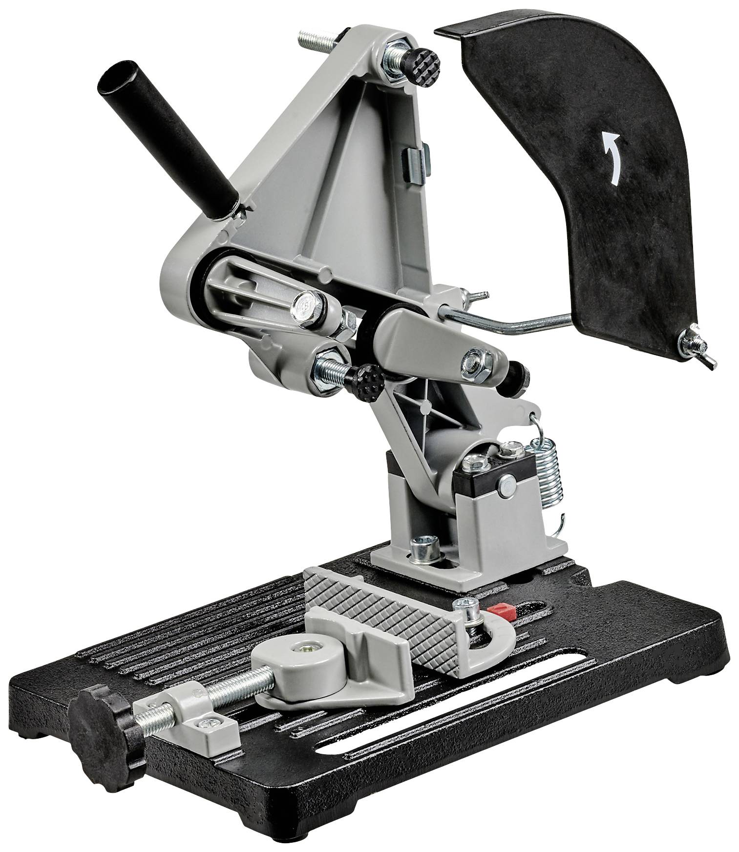 Un support de support de meuleuse d'angle stable en métal avec dispositif de protection. Développé pour la fixation sécurisée et la coupe précise de matériaux.