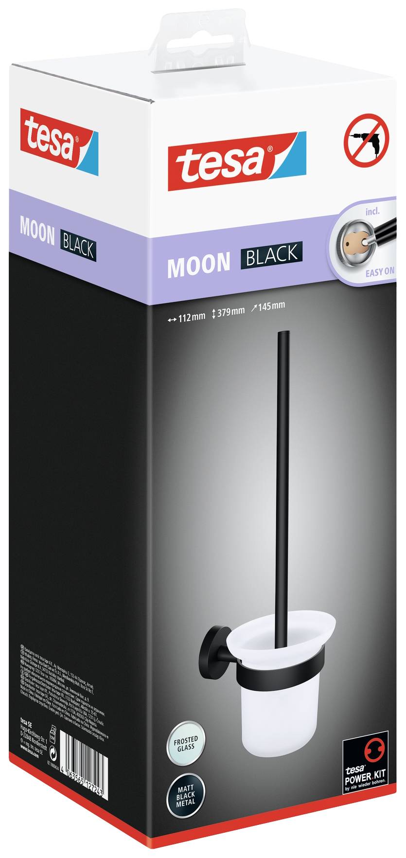 Emballage d'un support de brosse de toilettes Tesa Moon en noir. Comprend un kit de fixation pour une installation facile sans perçage.