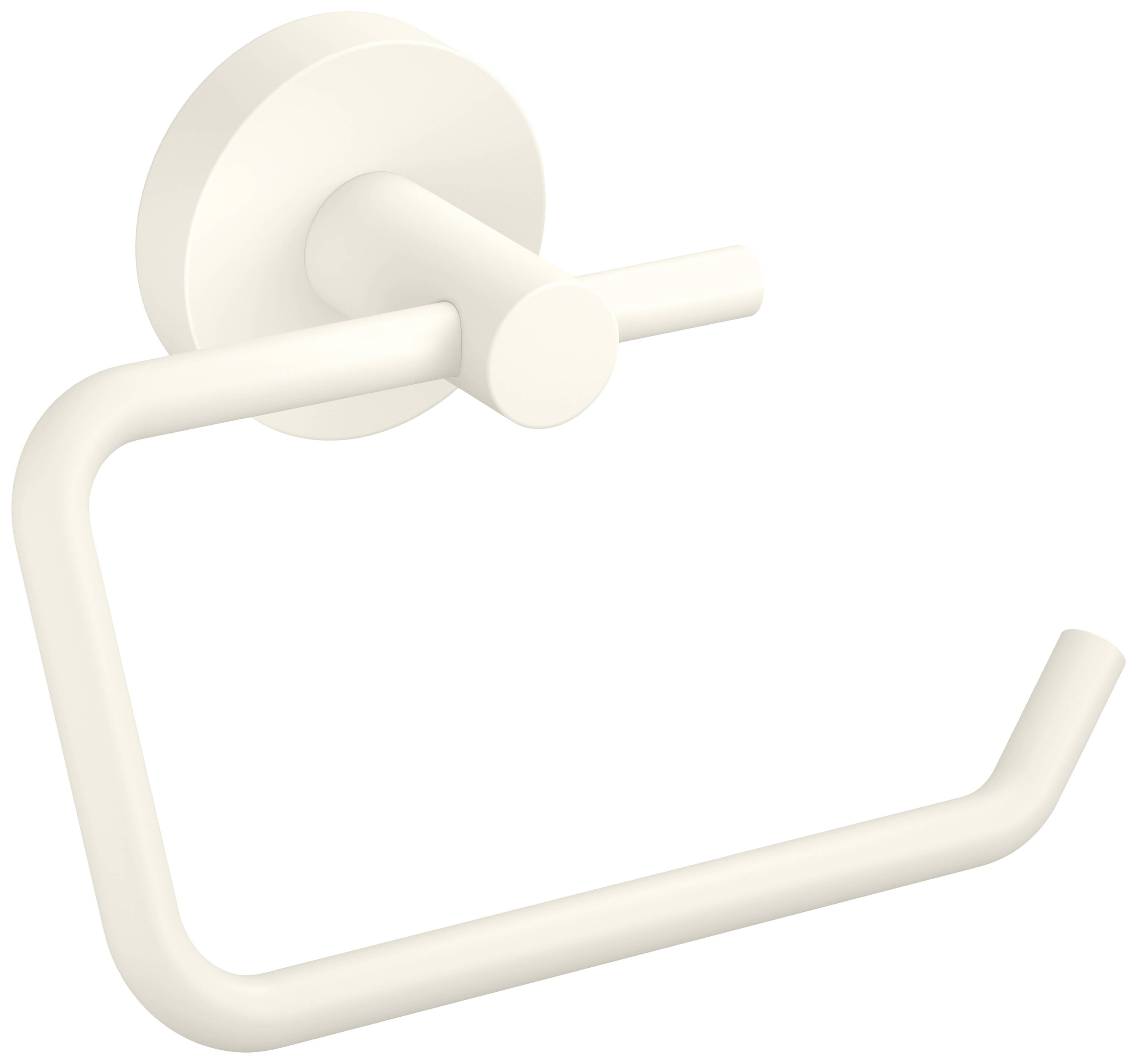 Support pour papier toilette en métal blanc, à fixation murale, sans rouleau de papier.