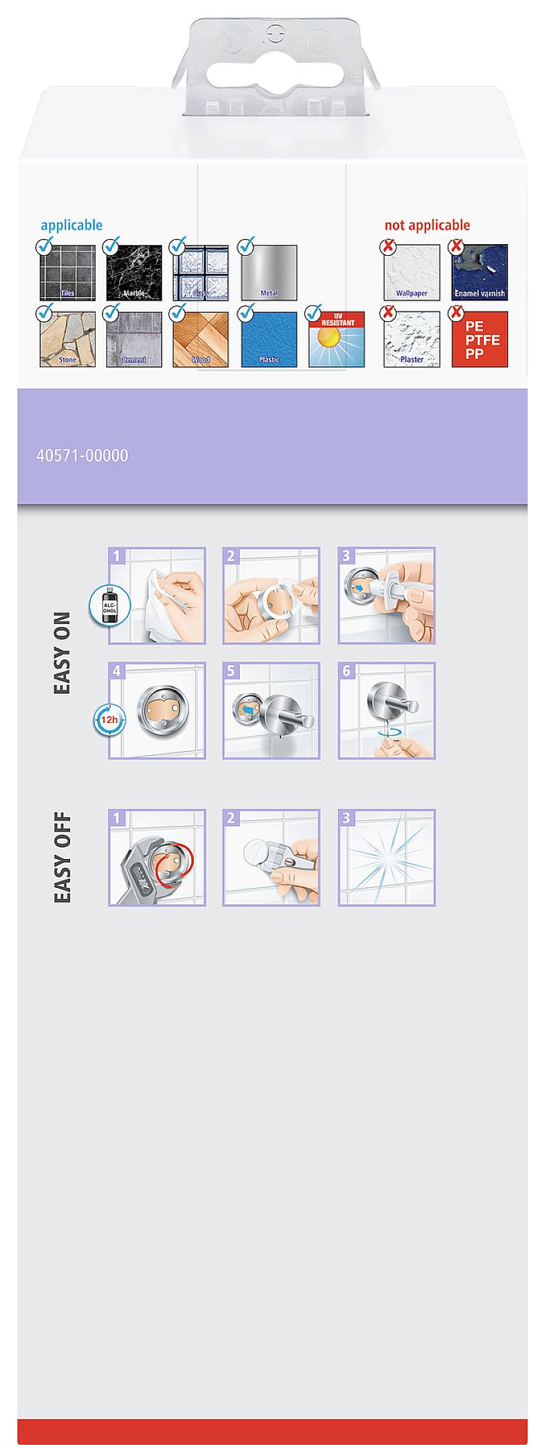 Emballage avec instructions d'utilisation d'un ruban adhésif : Les étapes 1-4 montrent le chargement, l'insertion et le retrait du rouleau adhésif.