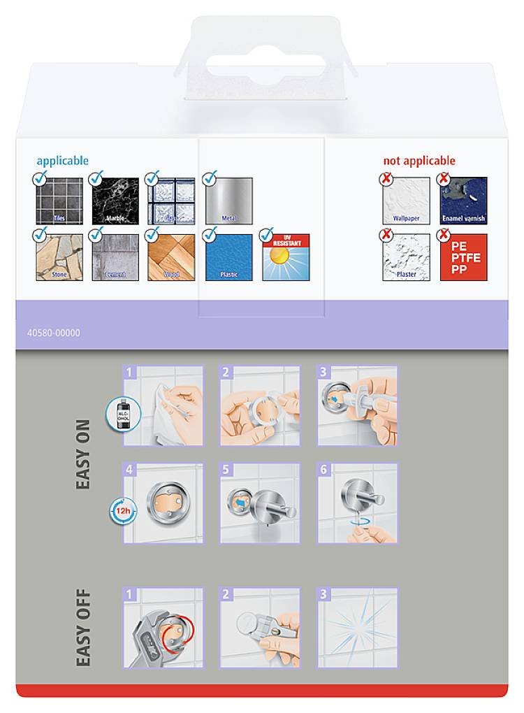La notice d'emballage présente un guide de montage et démontage. En haut : surfaces appropriées et inappropriées. En bas : étapes 1 à 5 de l'application.