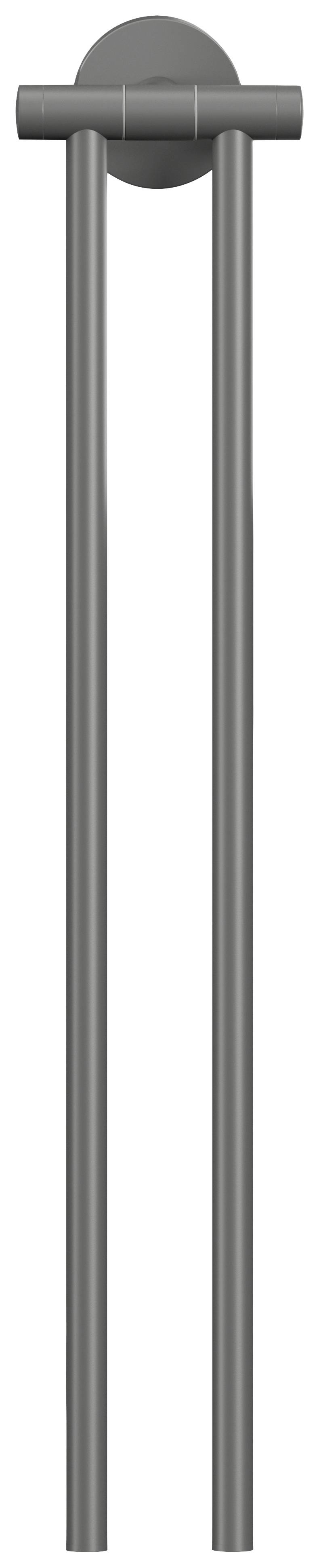 Un ensemble de poignées de porte long et gris en métal, avec une base ronde, composé de deux poignées parallèles.