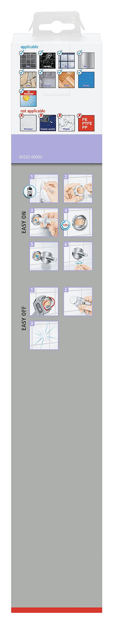 Emballage d'une tête de brosse à dents électrique avec des instructions illustrées pour la fixation et l'utilisation de la tête de brosse.