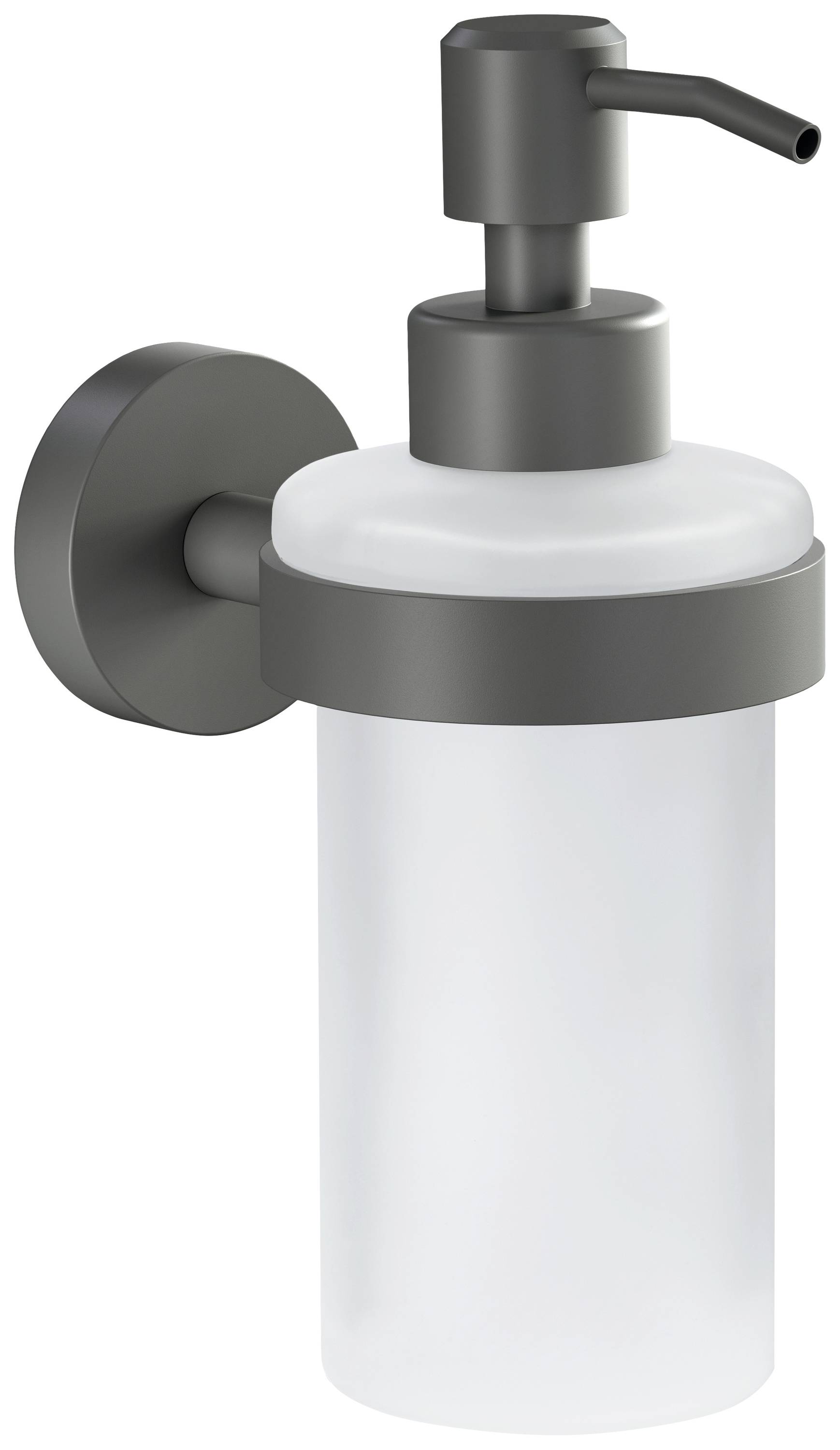 Distributeur de savon mural en métal noir, récipient transparent, style moderne. Adapté pour la salle de bain ou la cuisine.