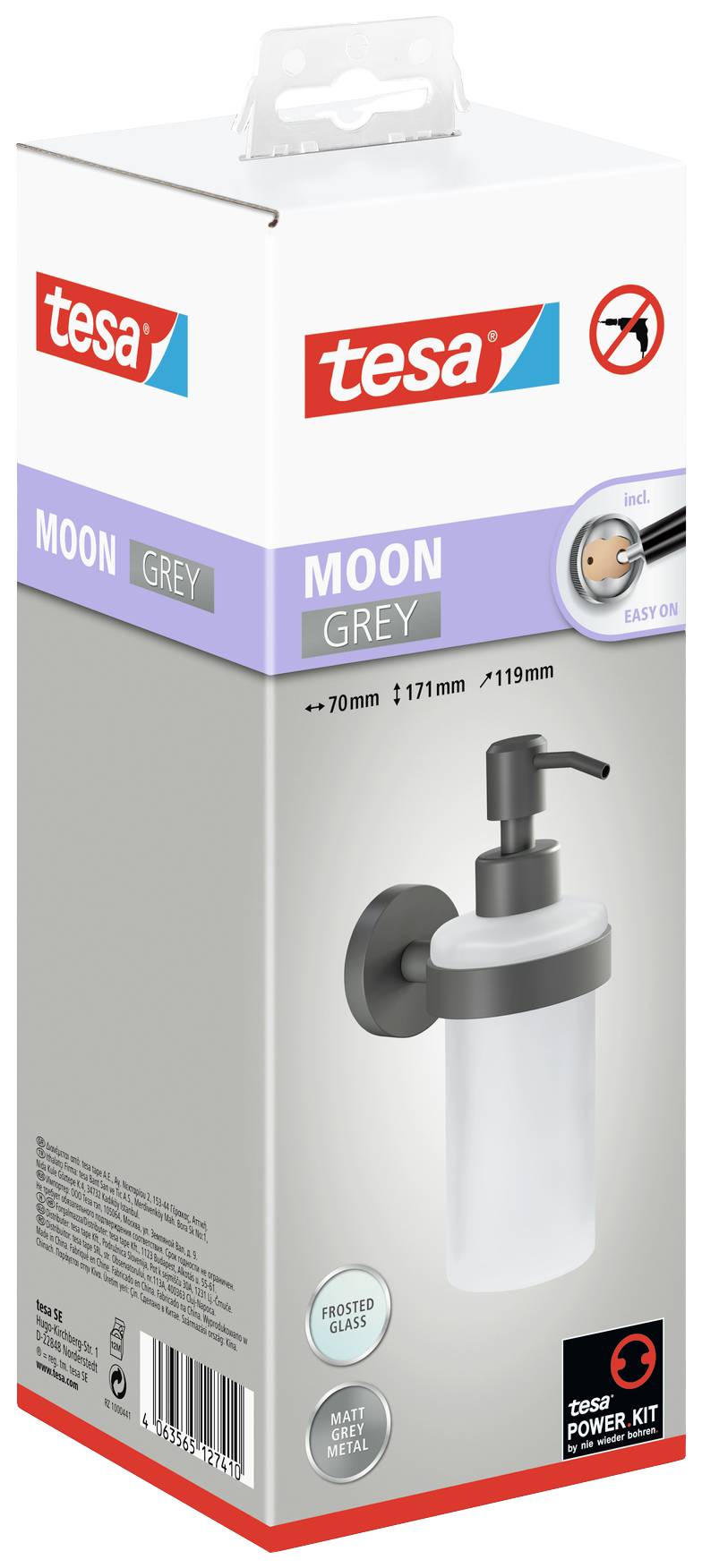 Emballage d'un distributeur de savon Tesa 'Moon Grey' avec support mural. Comprend des instructions d'installation et des images du produit.