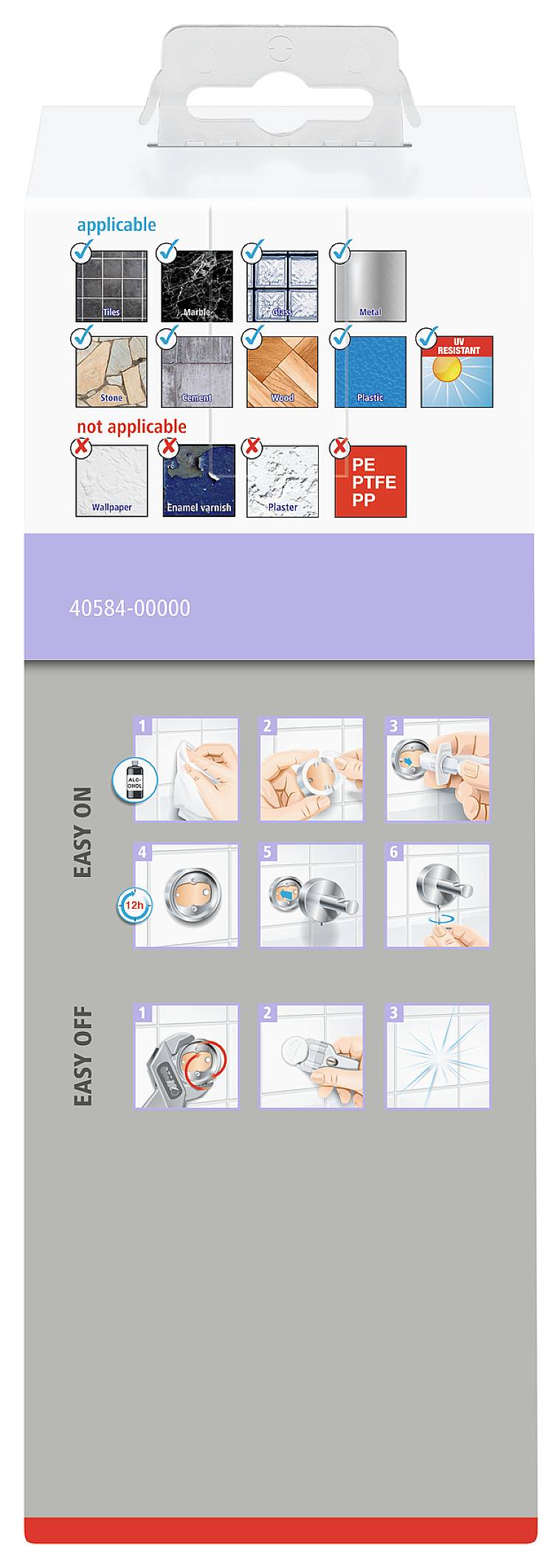 L'emballage indique les instructions d'utilisation : 'facile à appliquer' pour la pose et 'facile à enlever' pour le retrait. Adapté à diverses surfaces.
