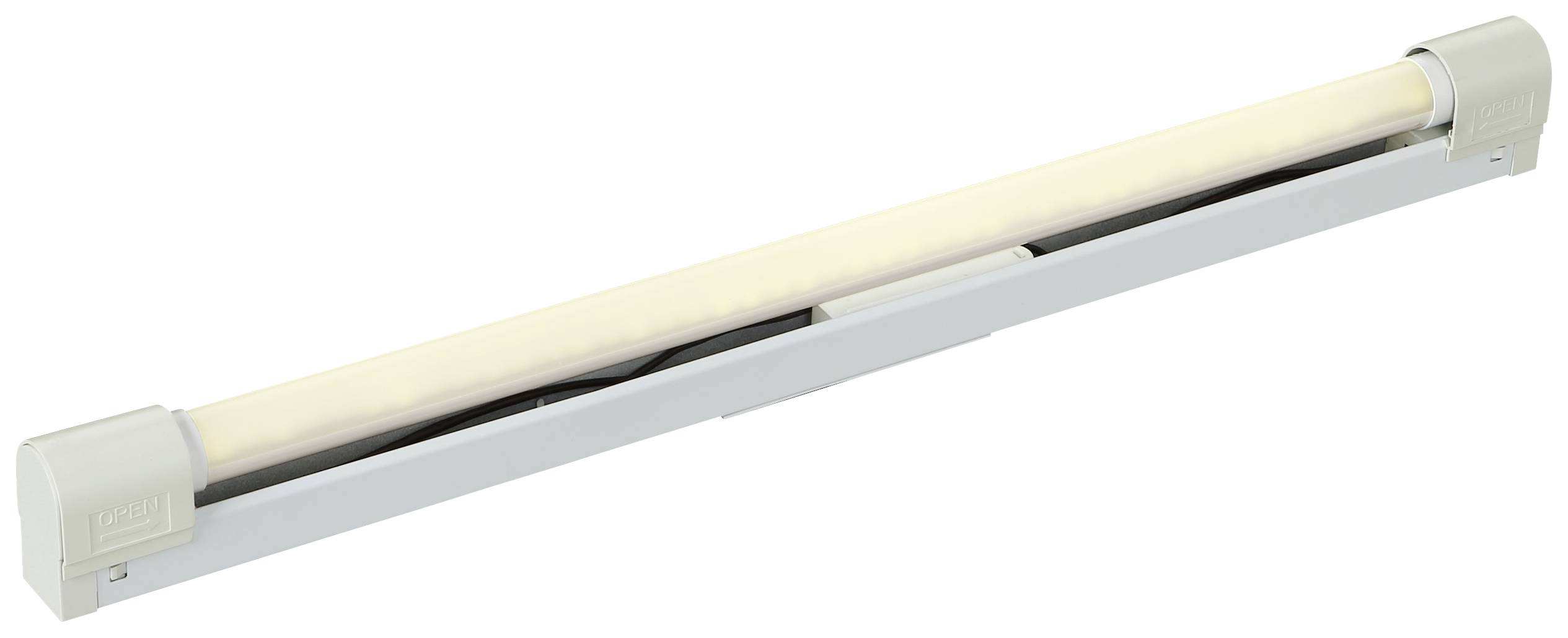Tube fluorescent unique dans un support clair, orienté horizontalement. Idéal pour l'éclairage des espaces intérieurs.