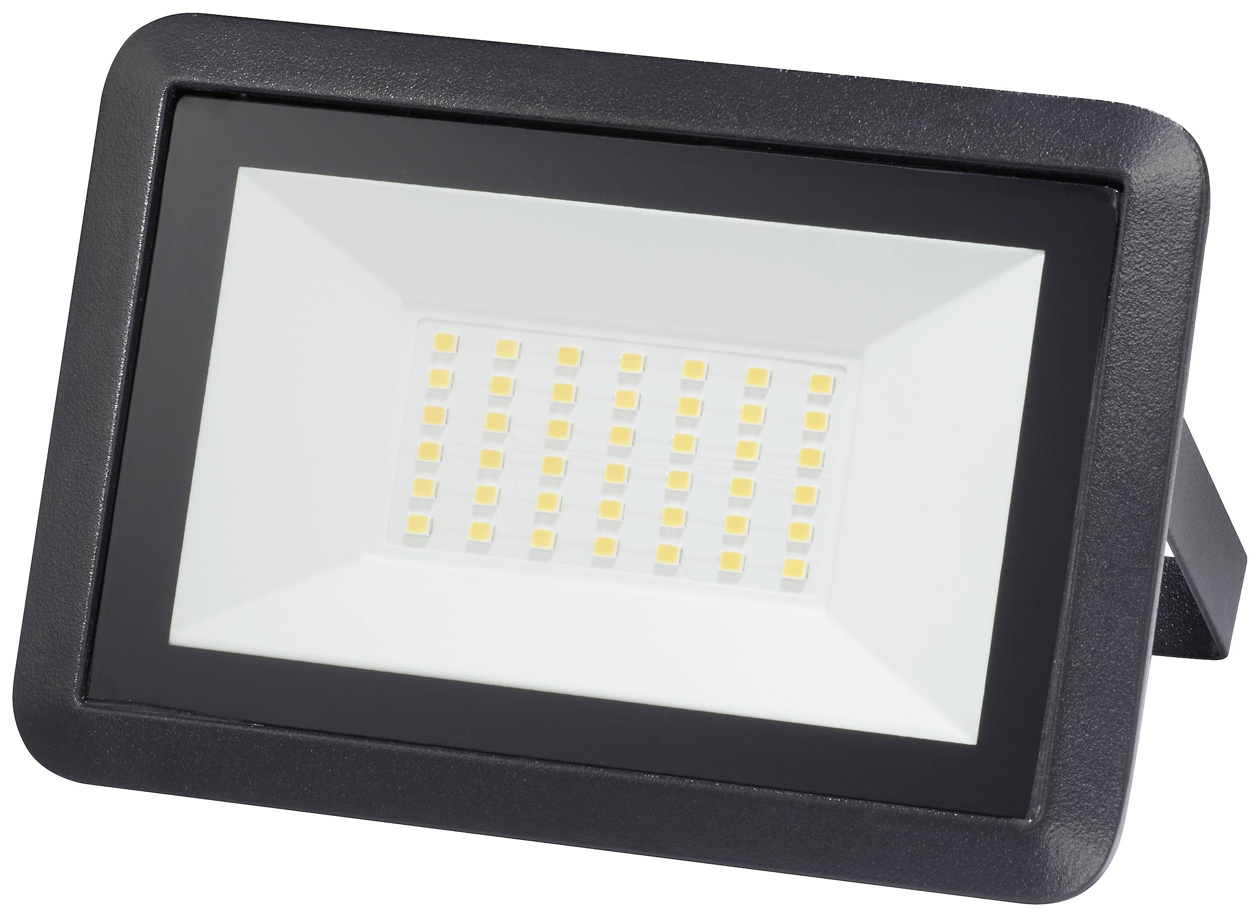 Projecteur LED noir de forme rectangulaire avec de nombreuses petites diodes électroluminescentes jaunes, adapté à l'éclairage extérieur.