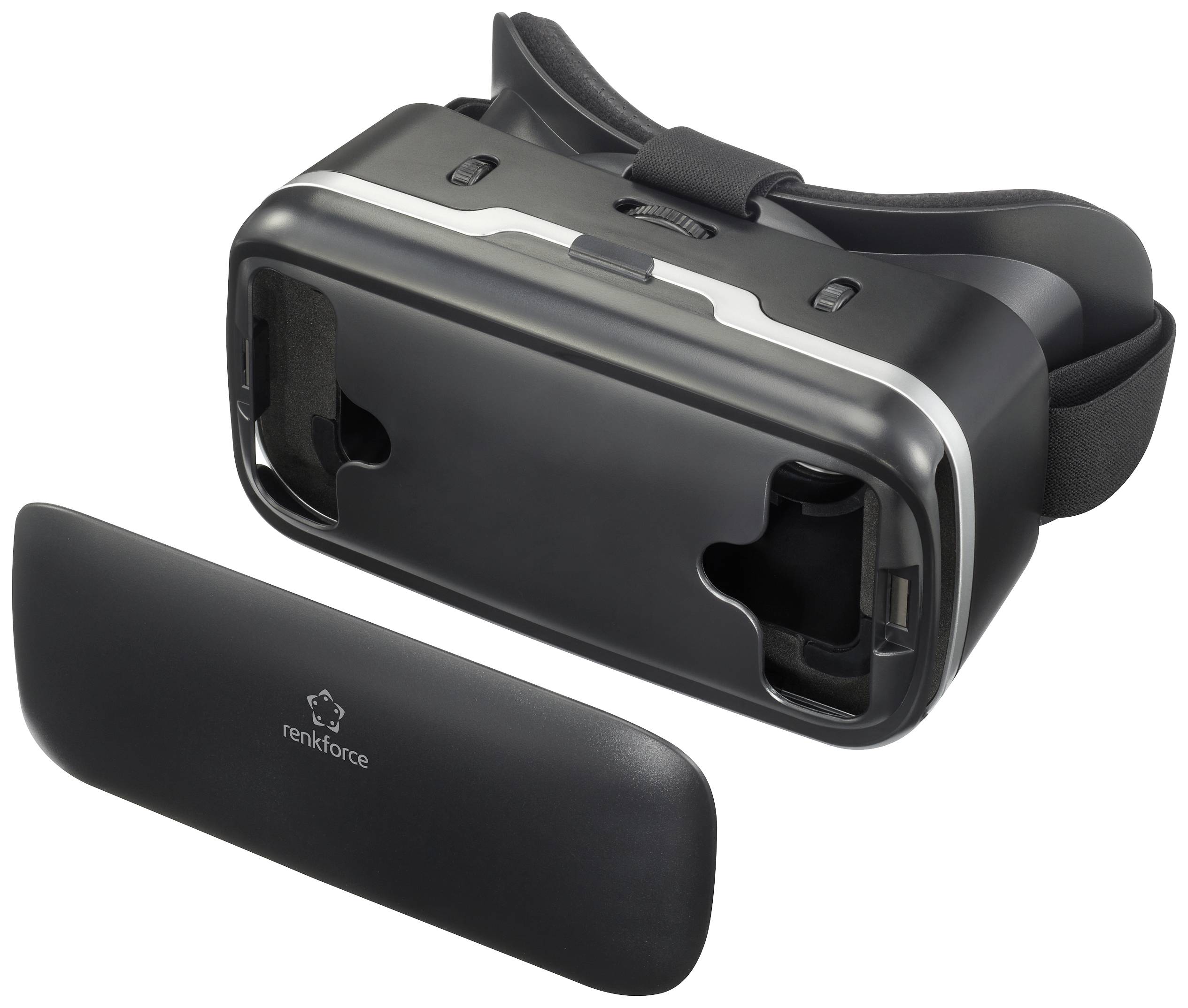 Lunettes de réalité virtuelle en plastique noir, sans lentilles visibles, avec un couvercle amovible ; adaptées à la réalité virtuelle.