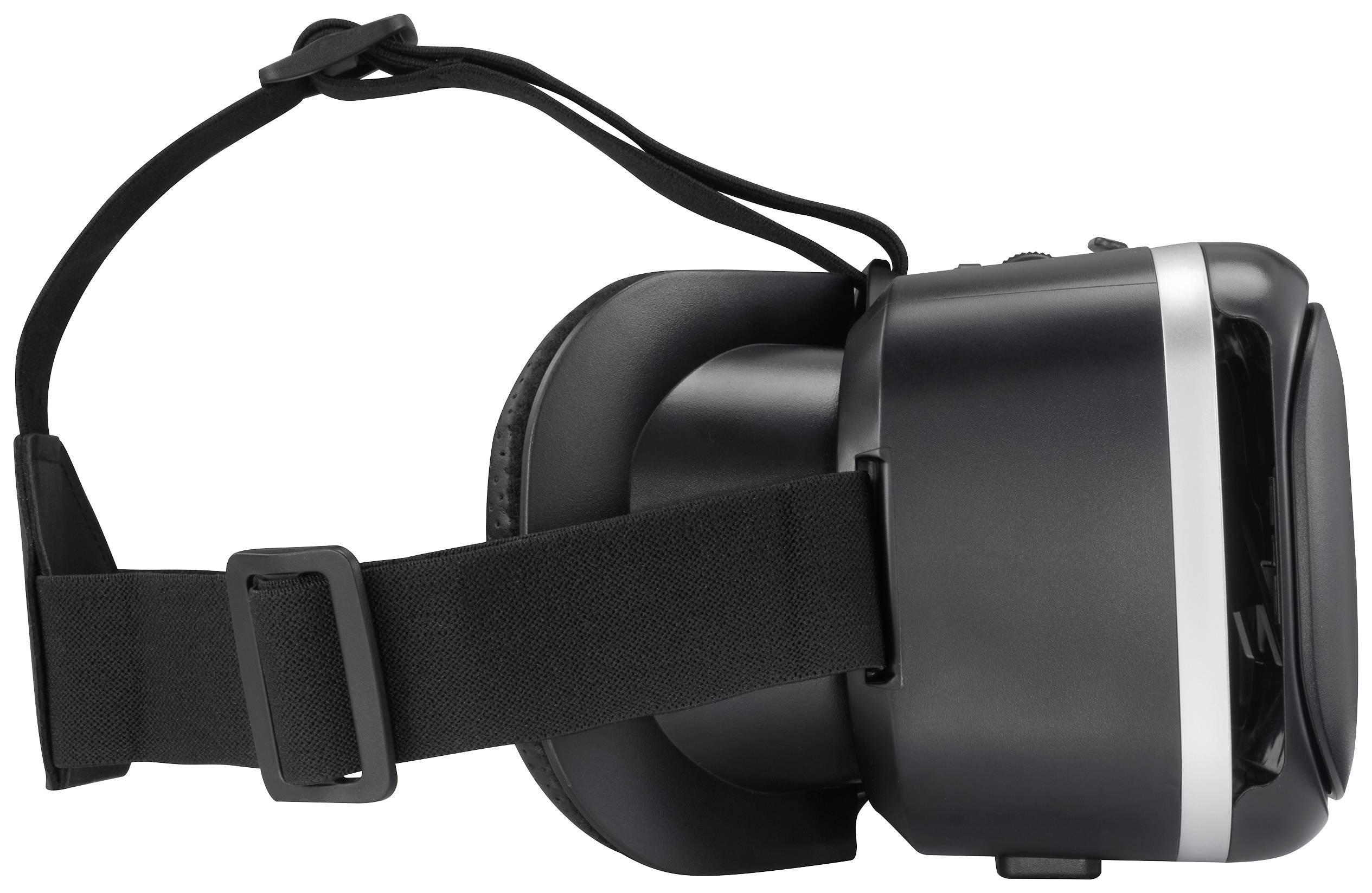 Lunettes de réalité virtuelle noires avec bandeau élastique, vue de côté. Appareil pour expériences de réalité virtuelle.