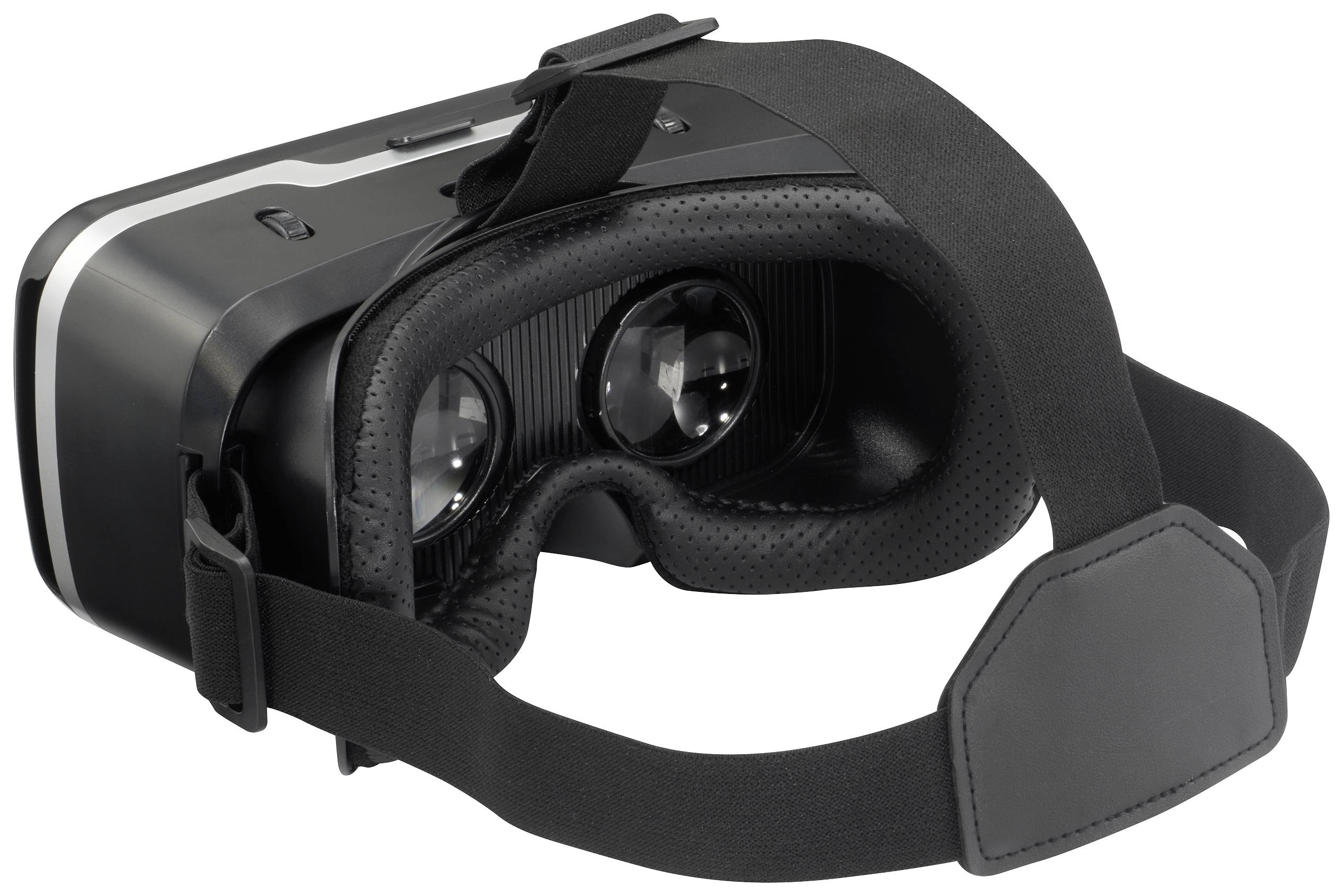 Lunettes de réalité virtuelle noires avec sangle réglable, vue de face et de dessus.