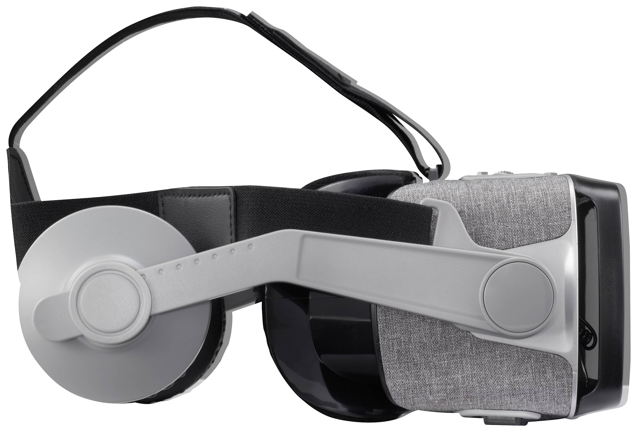 Casque de réalité virtuelle avec des éléments en textile et en plastique gris, côté montré et bandeau de tête.